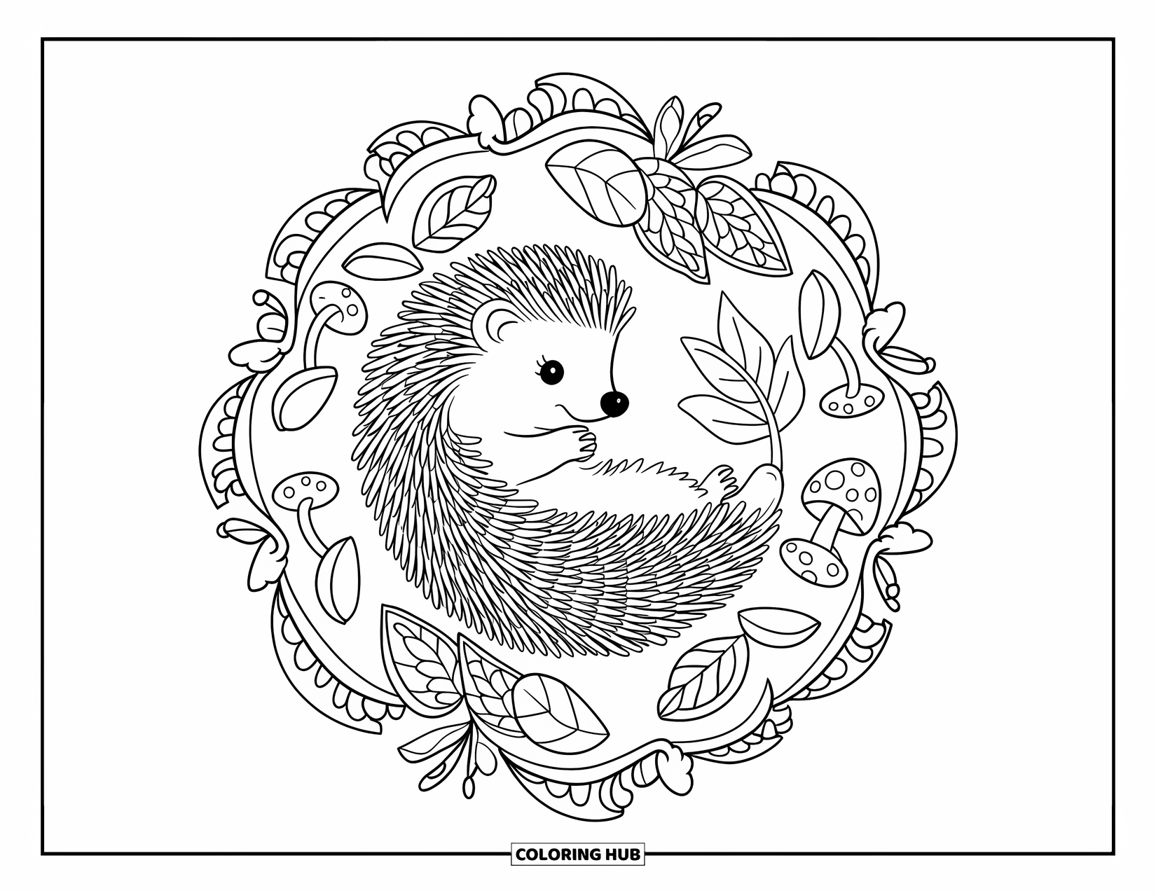 Spring Animal Coloring Page for Adults: Hedgehog curls up in a leafy mandala with mushrooms and vines