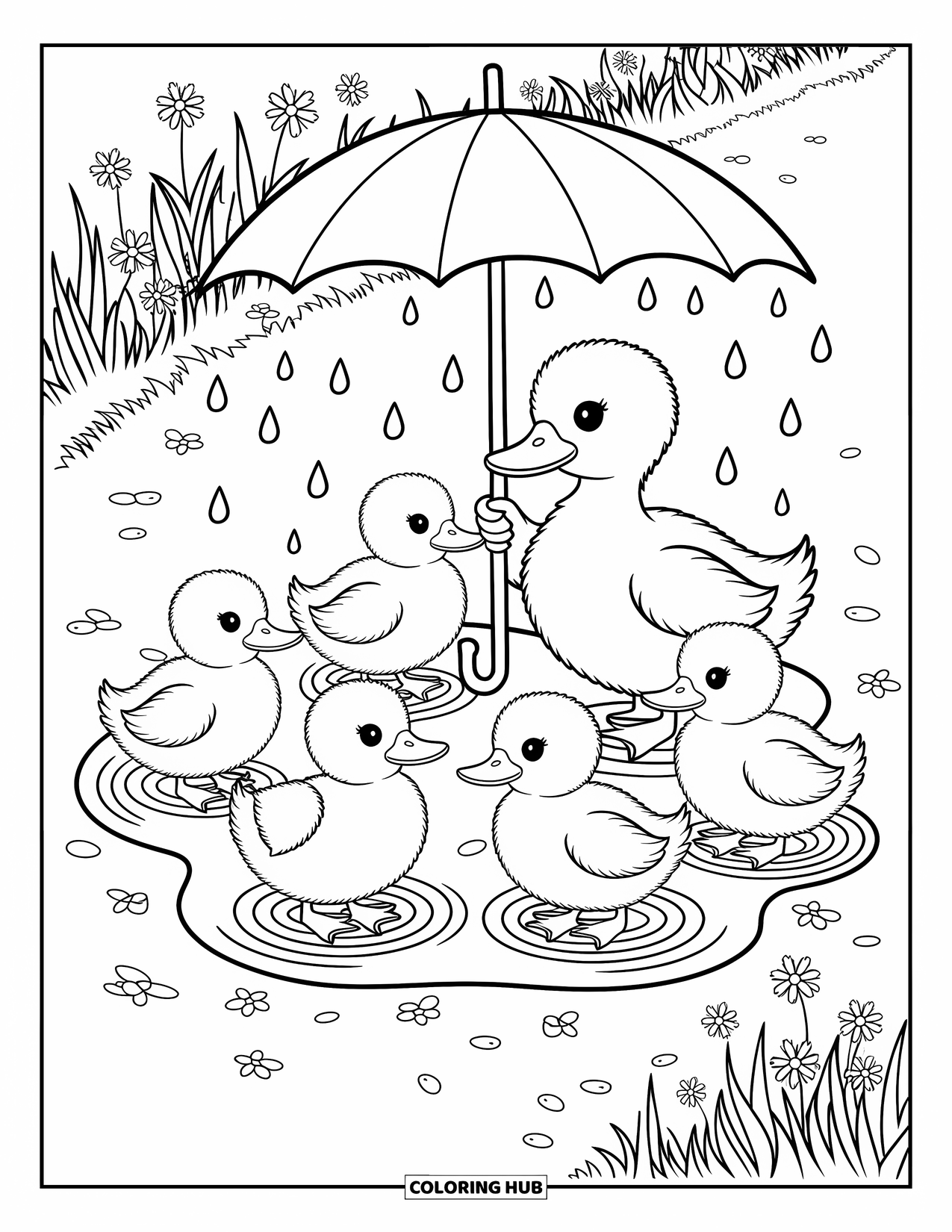 Spring Animal Coloring Page for Adults: Joyful ducklings play in a puddle as rain falls and petals float