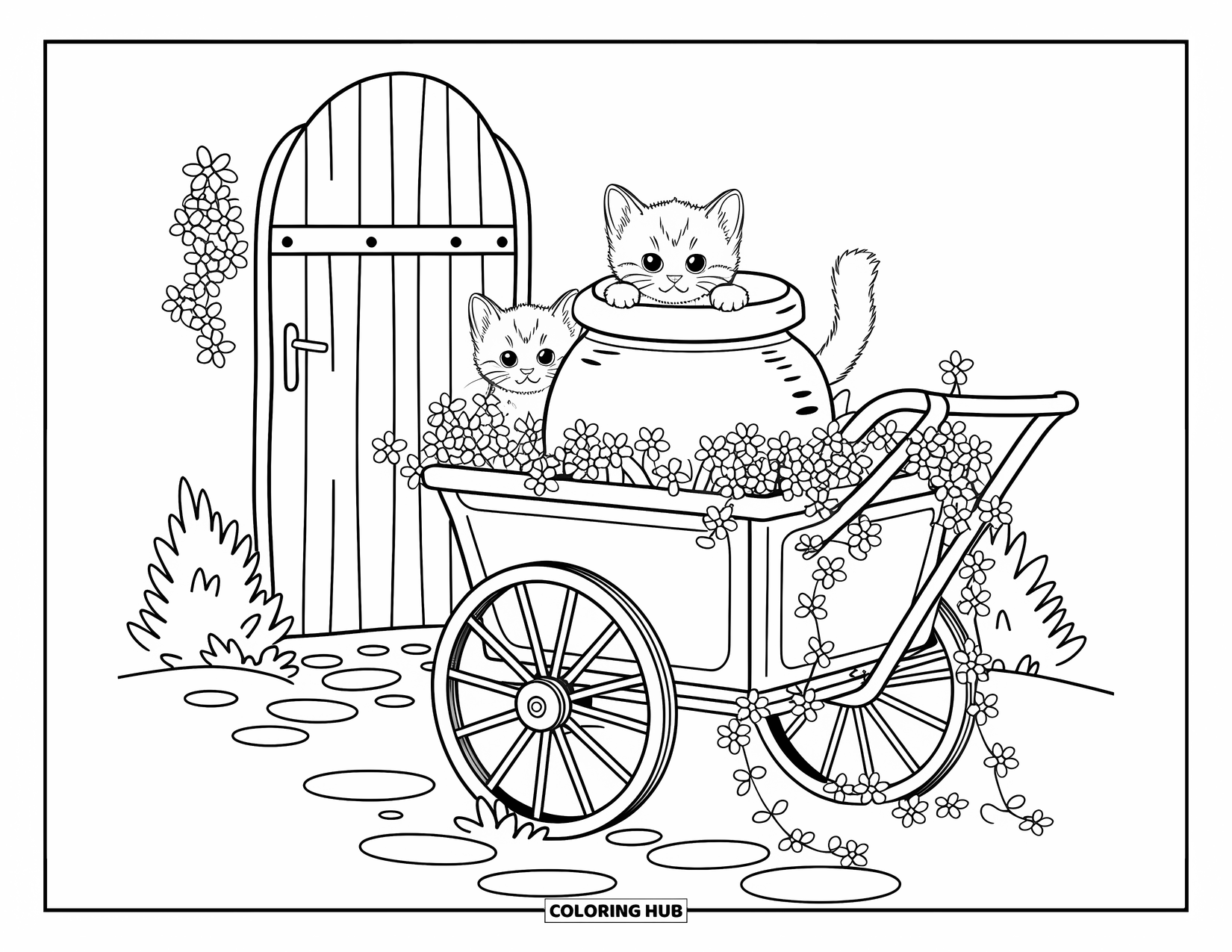 Spring Animal Coloring Page for Adults: Kittens play among pots and blossoms in a wheeled cart by the garden path