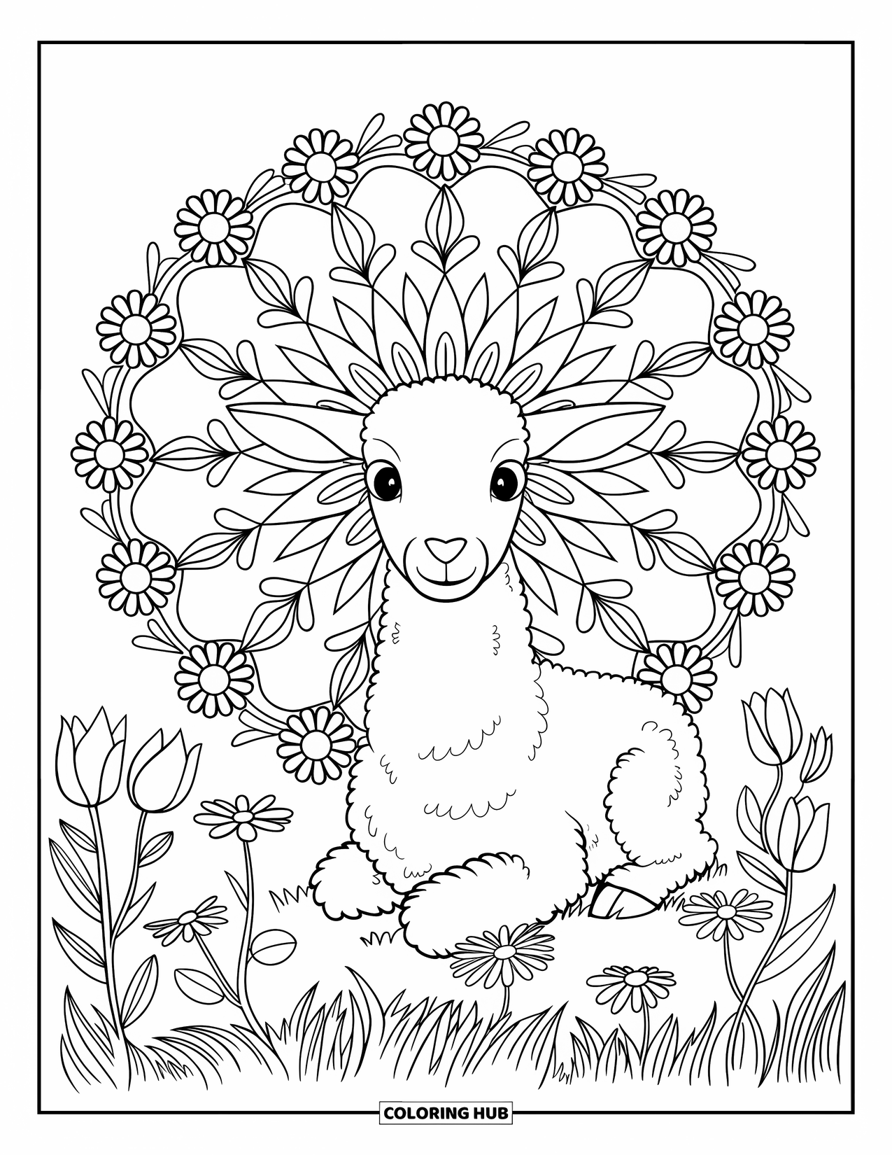 Spring Animal Coloring Page for Adults: Lamb sits in a meadow of daisies and tulips inside a blooming floral mandala