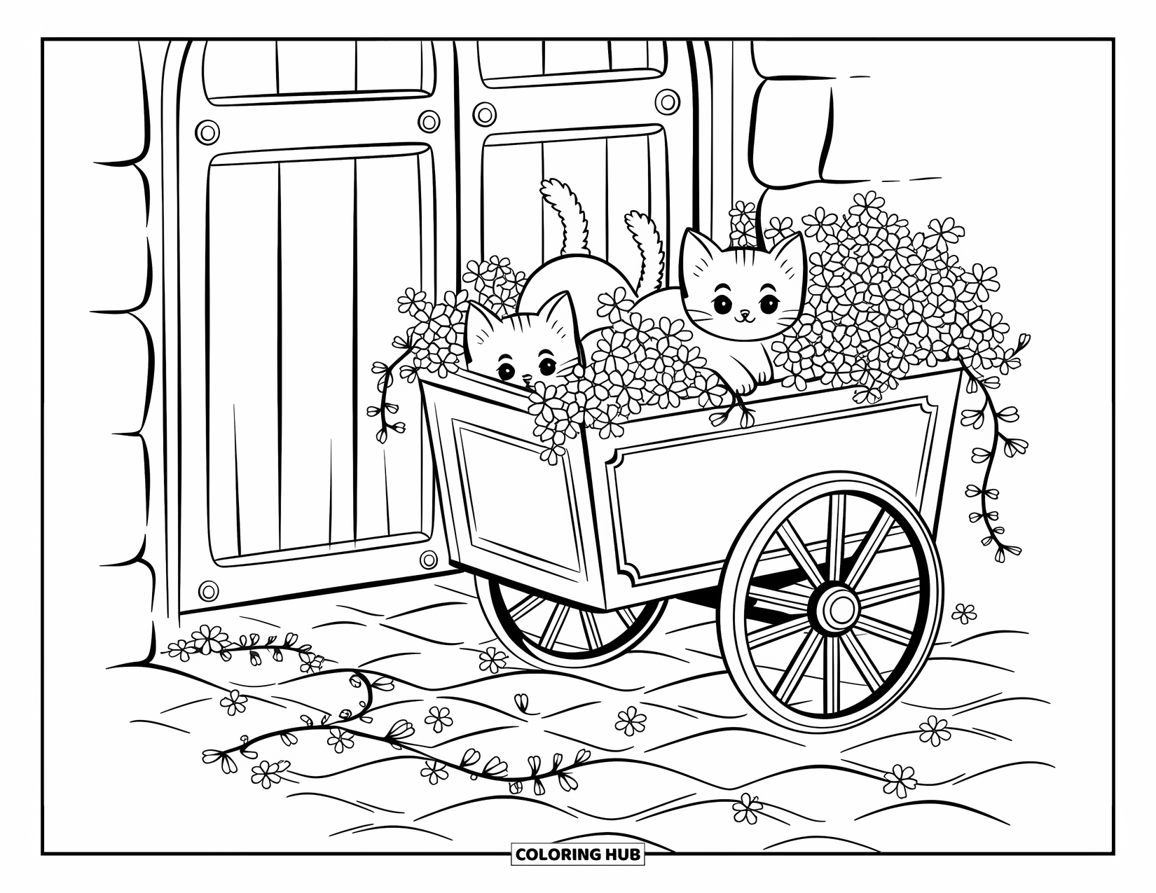 Spring Animal Coloring Page for Adults: Playful kittens hide and paw at vines spilling from a floral garden cart