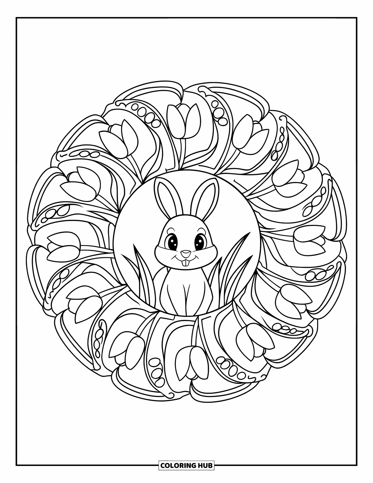 Spring Animal Coloring Page for Adults: Spring bunny rests in a mandala of tulips and swirls framed by a border