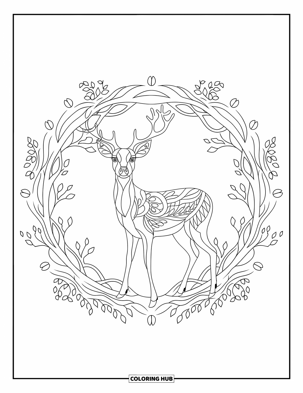Spring Animal Coloring Page for Adults: Spring deer stands inside a floral mandala with clean lines and graceful shapes