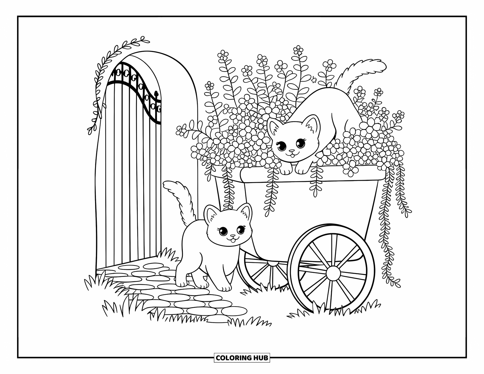 Spring Animal Coloring Page for Adults: Two kittens explore a flower cart beside a cozy vine-covered garden gate
