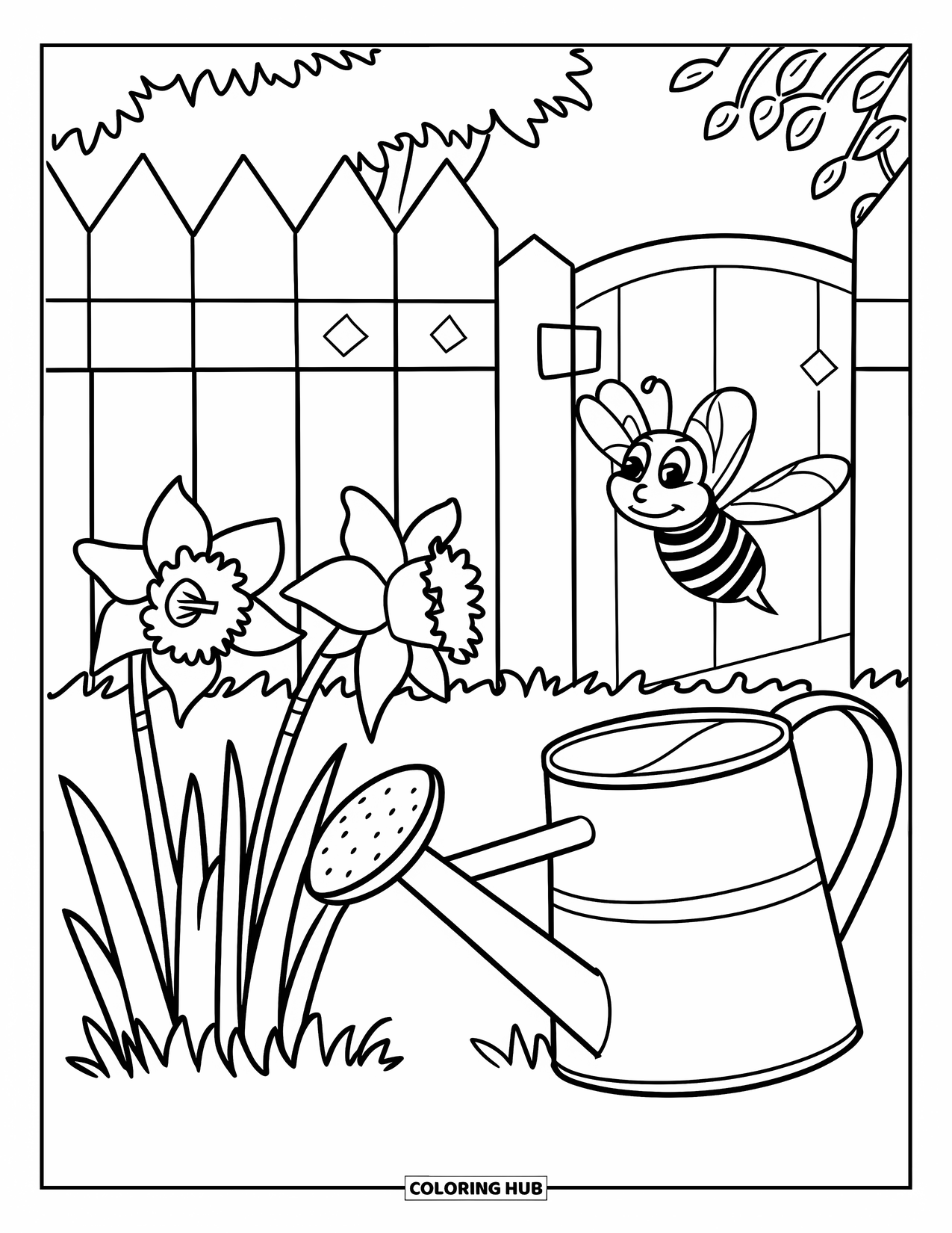 Spring Animal Coloring Page for Kids: Bee buzzes around daffodils near a watering can and garden fence