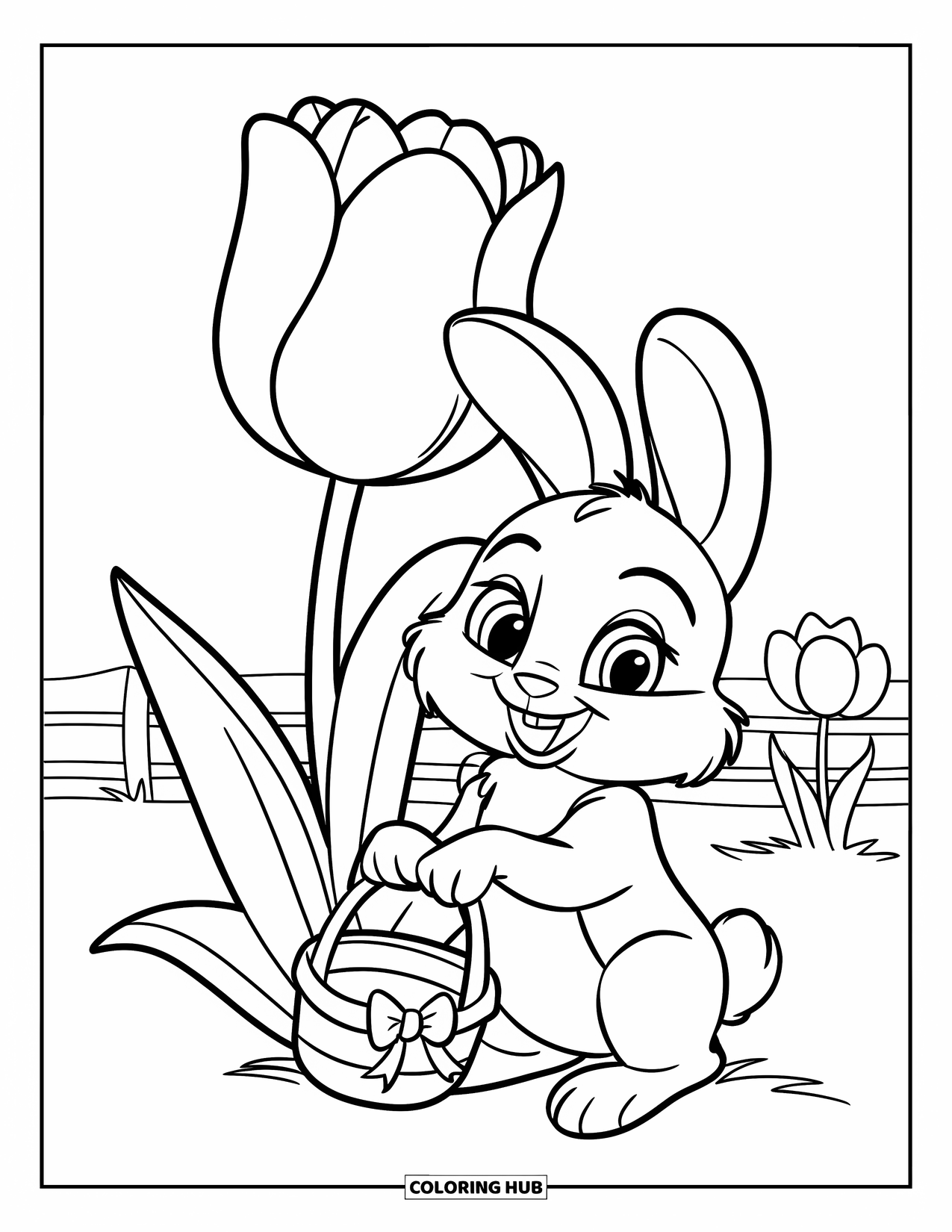 Spring Animal Coloring Page for Kids: Bunny holds a basket beside a tulip in a grassy garden
