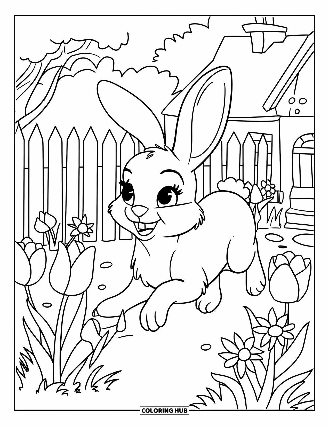 Spring Animal Coloring Page for Kids: Bunny hops through a garden of tulips, daffodils, and a picket fence