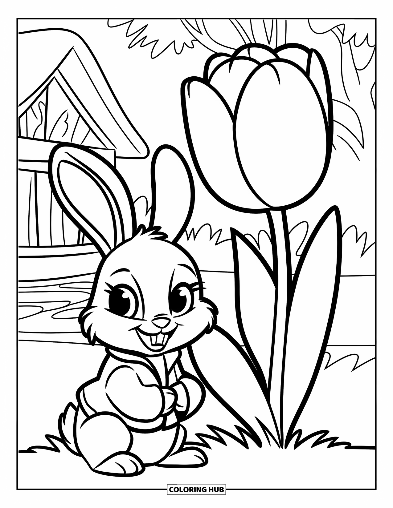 Spring Animal Coloring Page for Kids: Bunny in a green jacket sits beside a big tulip near a cozy cottage
