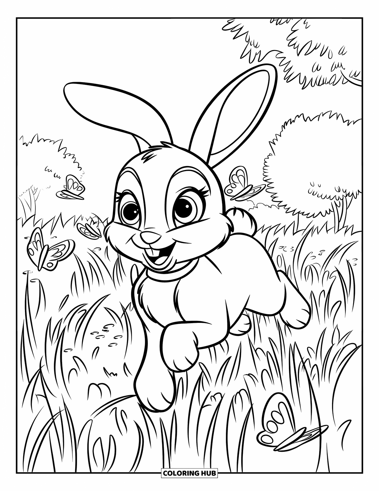 Spring Animal Coloring Page for Kids: Bunny in a red collar hops through spring grass with butterflies and leafy trees