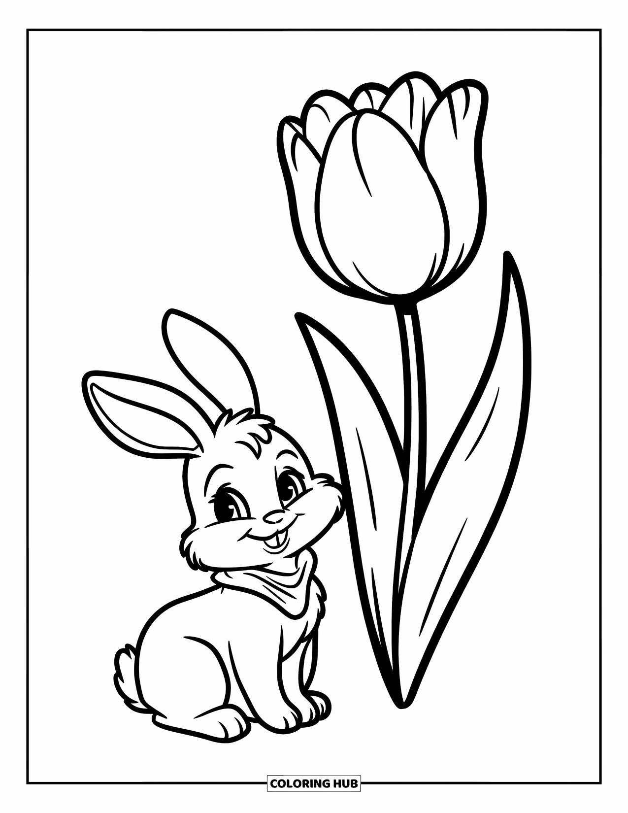 Spring Animal Coloring Page for Kids: Bunny in a scarf sits beside a tall blooming tulip