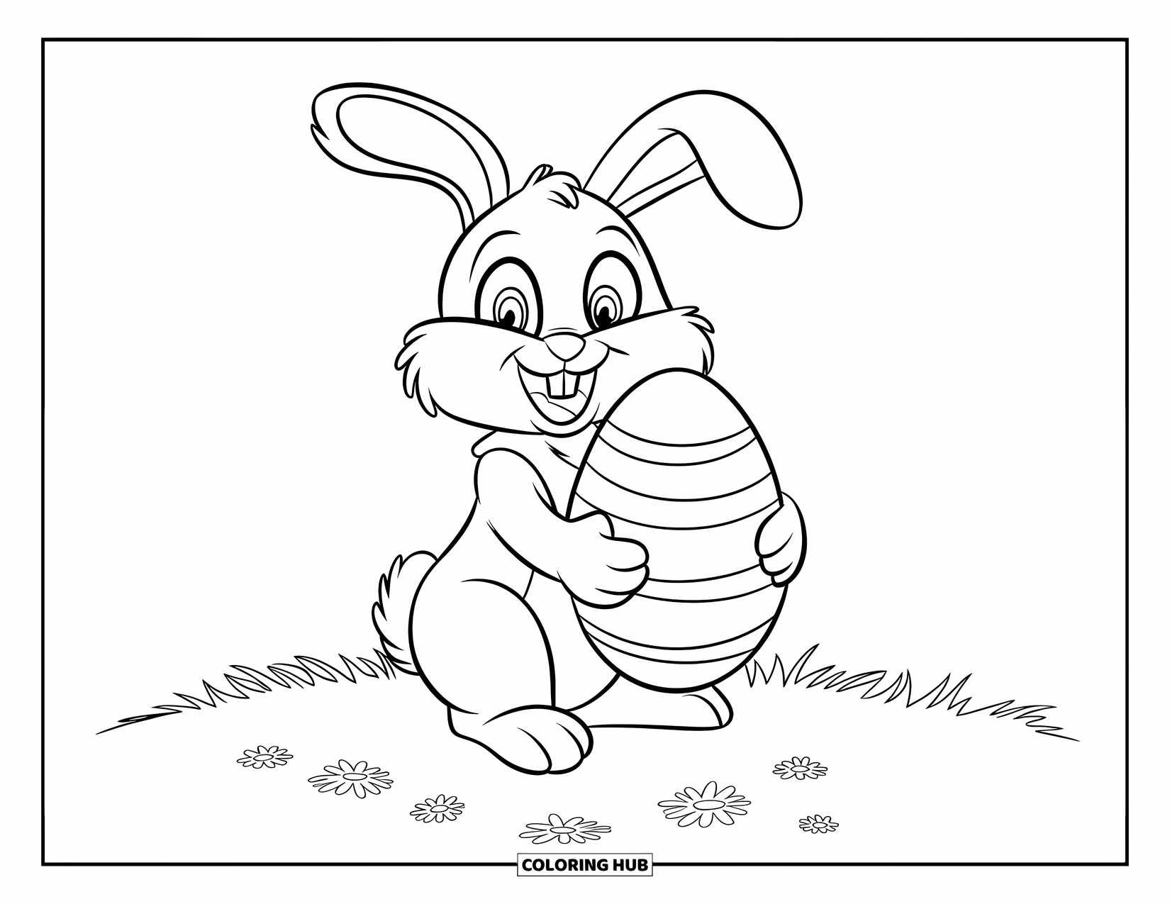 Spring Animal Coloring Page for Kids: Bunny smiles while holding a big egg in a sunny flower field
