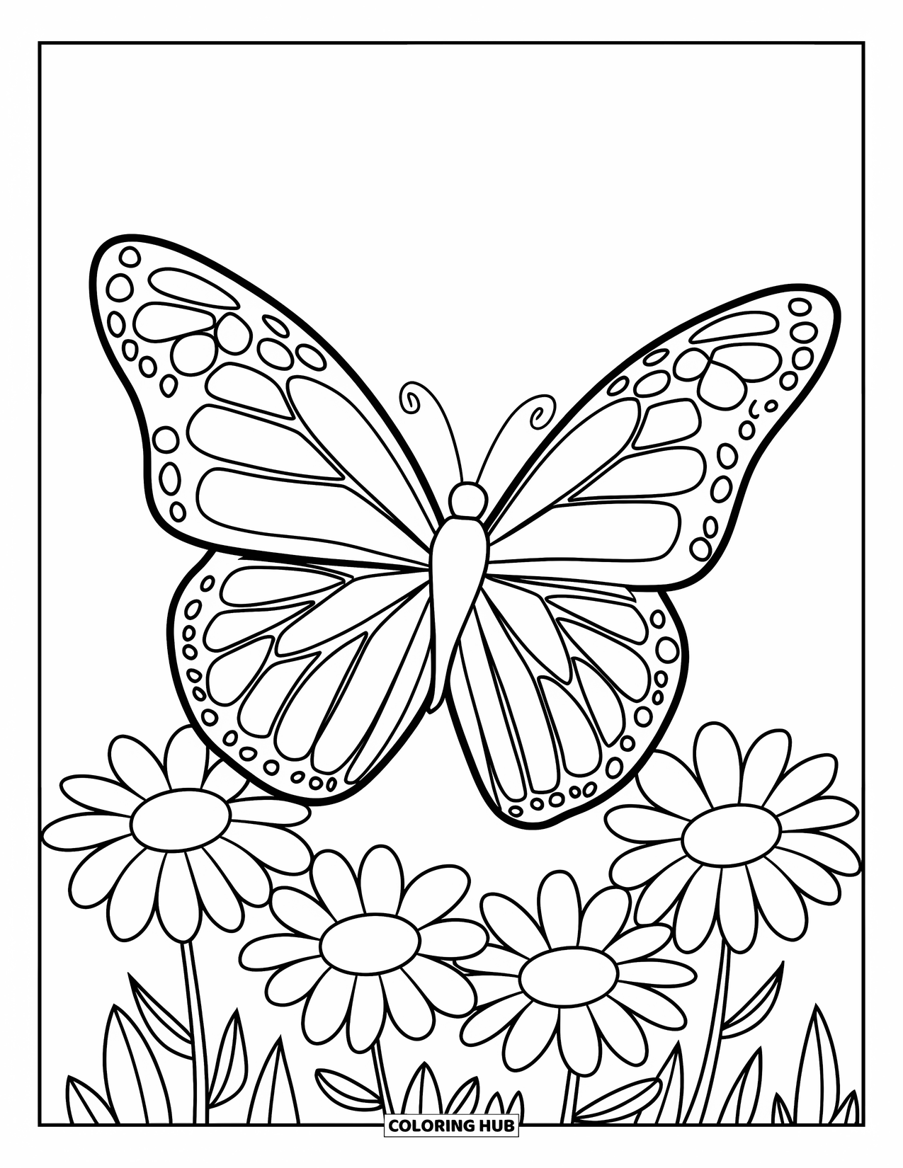 Spring Animal Coloring Page for Kids: Butterfly with patterned wings flies above daisies in a simple, happy scene