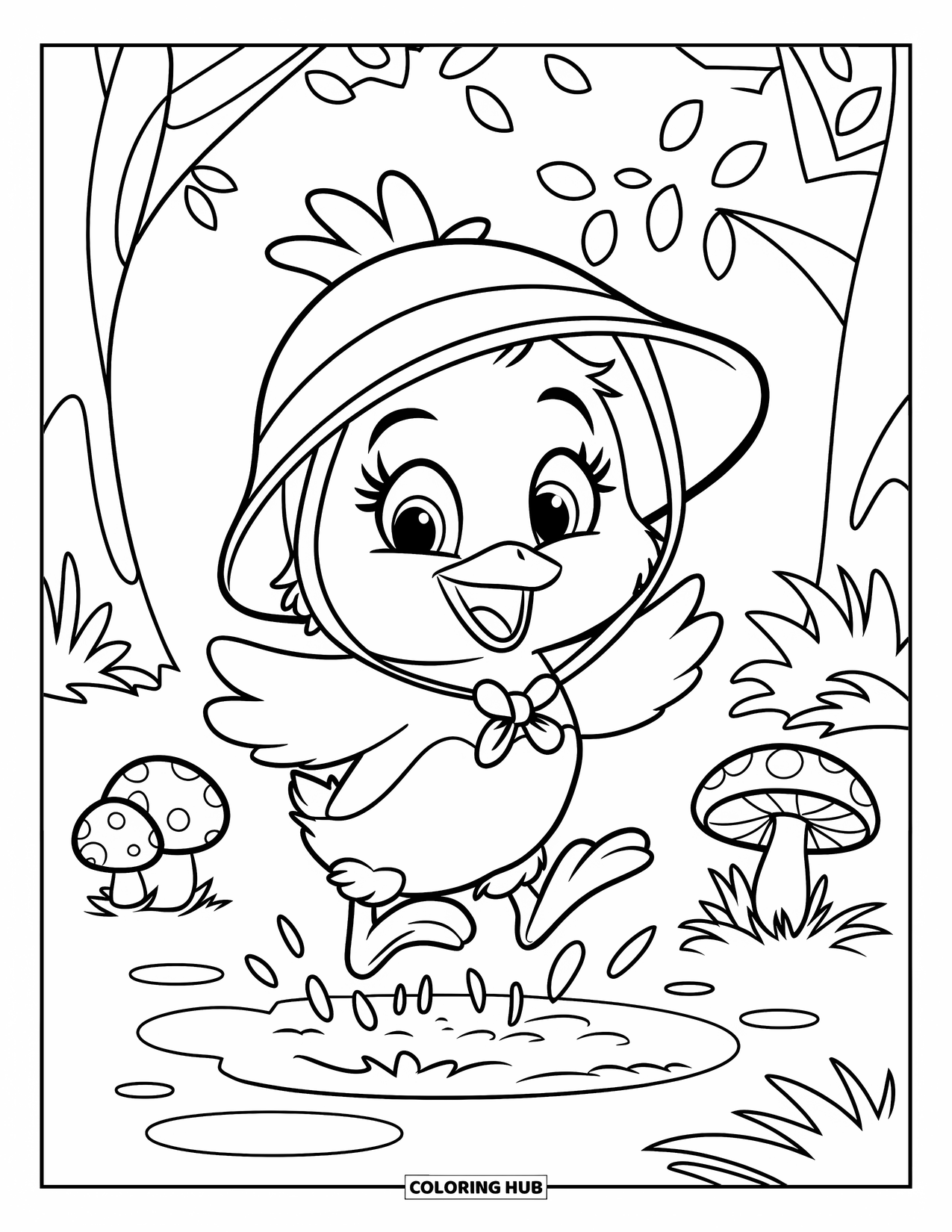 Spring Animal Coloring Page for Kids: Chick in a rain hat splashes in a puddle near mushrooms and leafy trees