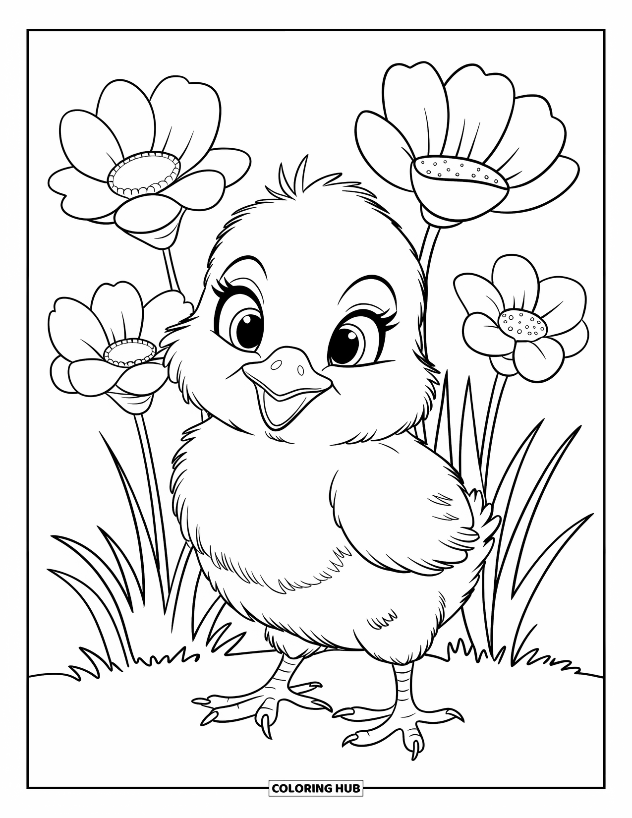 Spring Animal Coloring Page for Kids: Chick with black eyes stands on green grass with three colorful spring flowers