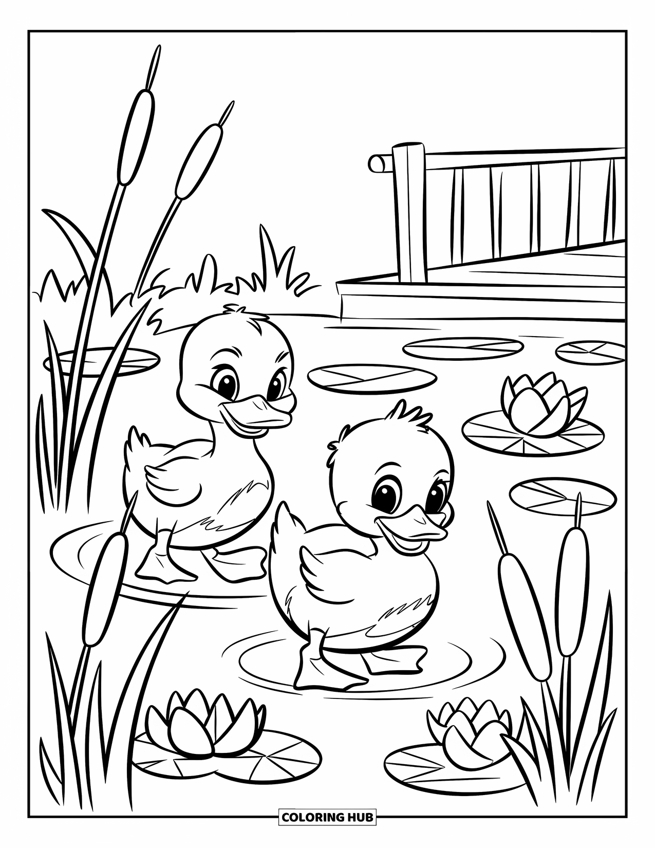 Spring Animal Coloring Page for Kids: Ducklings paddle through a spring pond near a wooden dock