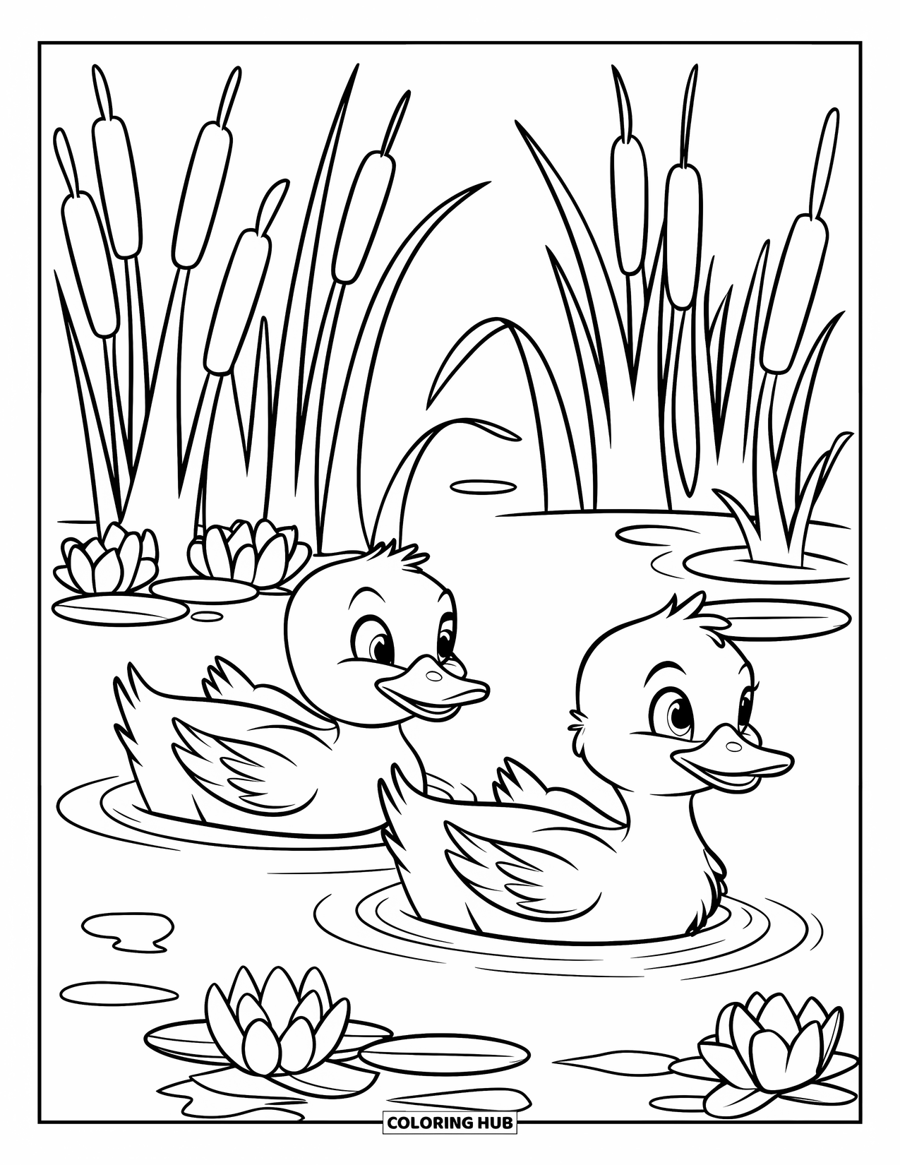 Spring Animal Coloring Page for Kids: Ducklings with outstretched wings swim in a pond with cattails and lilies