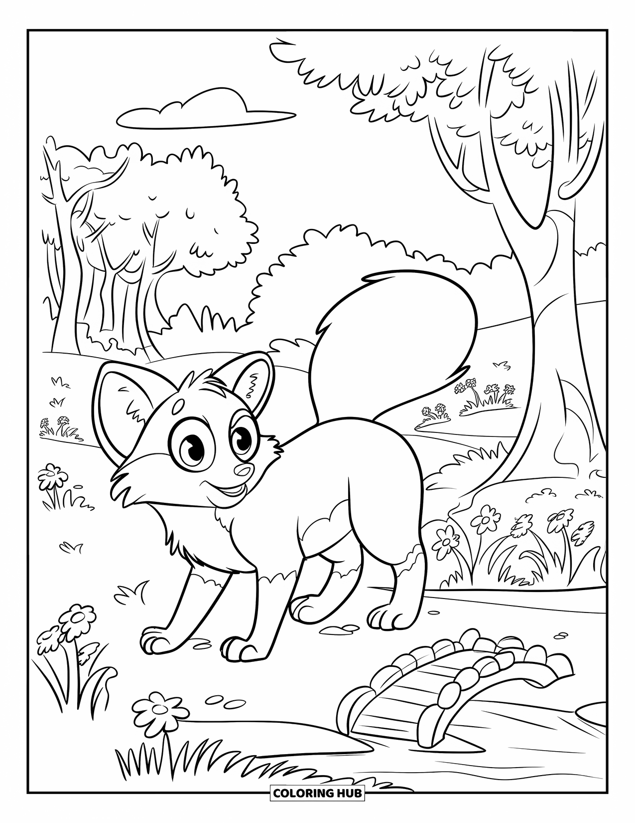 Spring Animal Coloring Page for Kids: Fox with a fluffy tail crosses a bridge in a blooming forest
