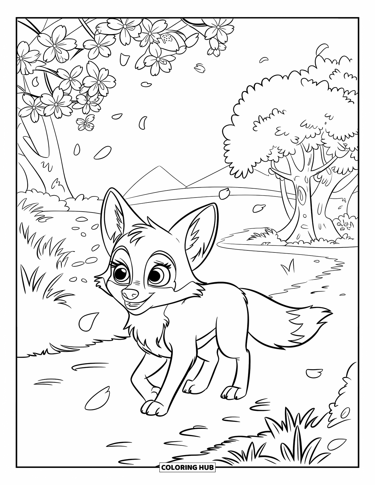Spring Animal Coloring Page for Kids: Fox with wide eyes strolls through blooming cherry blossoms and green trees