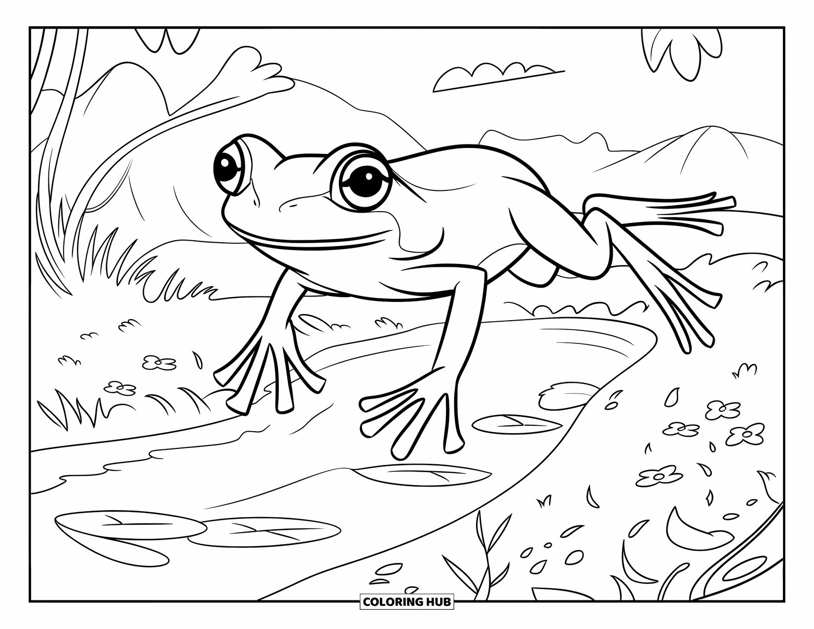 Spring Animal Coloring Page for Kids: Frog jumps by a blooming stream with big eyes and a peaceful mountain view