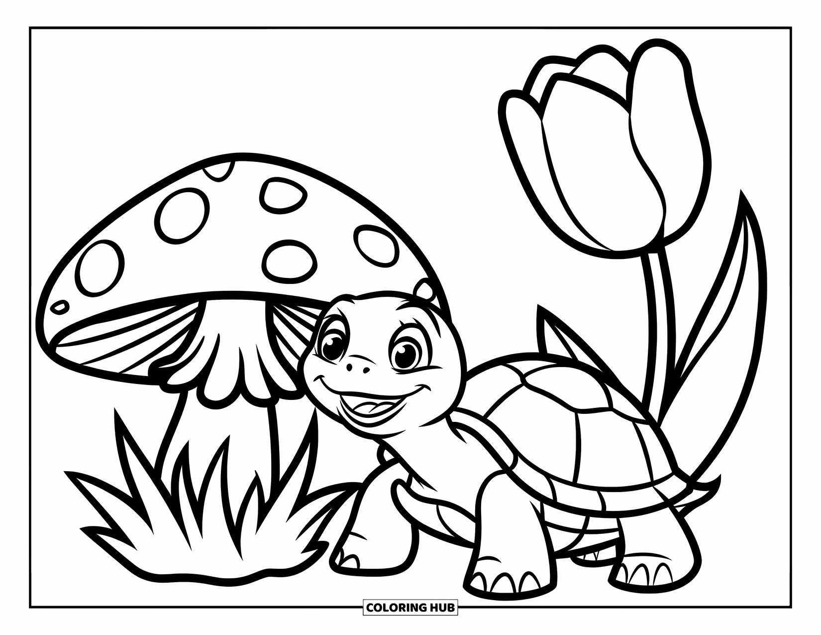 Spring Animal Coloring Page for Kids: Happy turtle crawls by a mushroom and tulip with bold spring shapes
