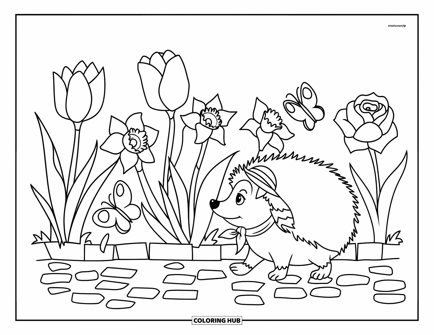Spring Animal Coloring Page for Kids: Hedgehog in a red scarf walks past tulips, daffodils, and butterflies
