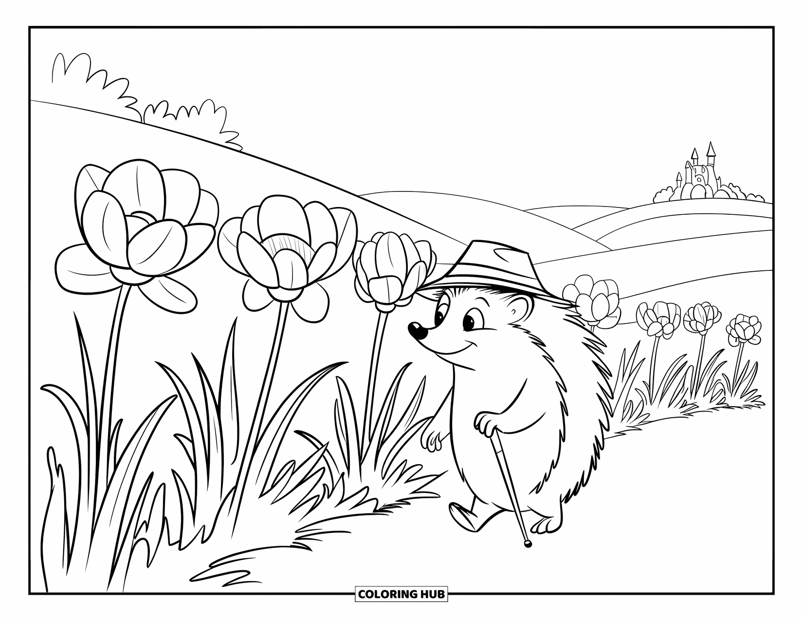 Spring Animal Coloring Page for Kids: Hedgehog with a cane strolls past blooming flowers toward a distant castle