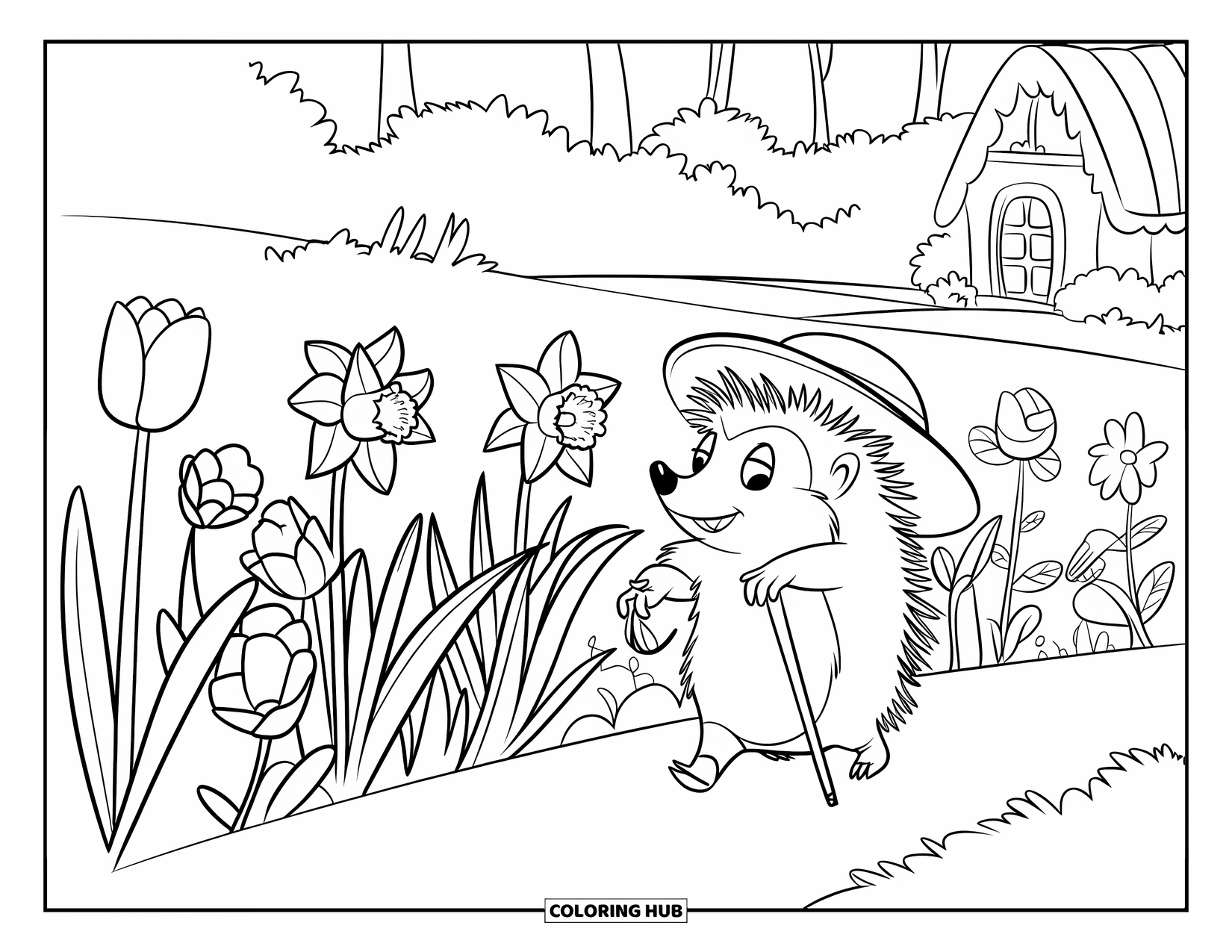 Spring Animal Coloring Page for Kids: Hedgehog with a cane walks past daffodils near a cottage and spring trees