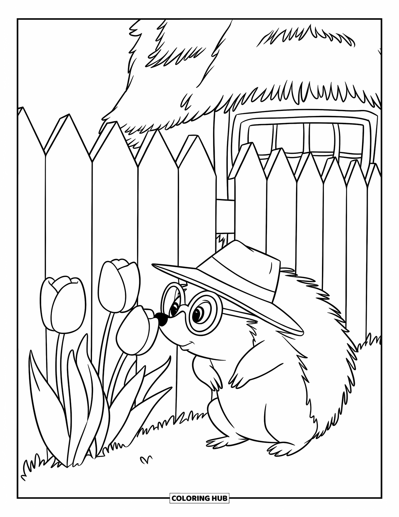 Spring Animal Coloring Page for Kids: Hedgehog with glasses sniffs tulips beside a fence and cozy cottage