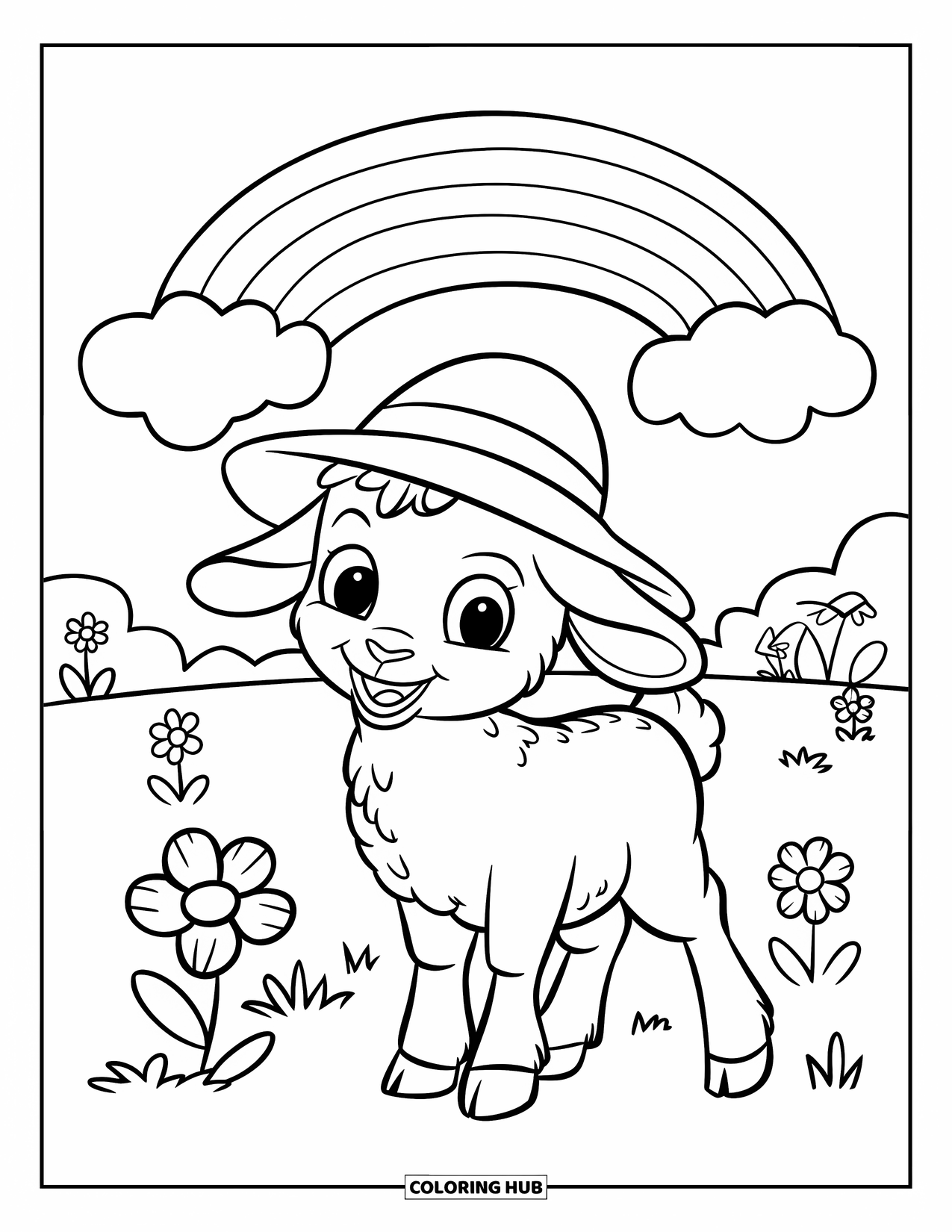 Spring Animal Coloring Page for Kids: Lamb in a hat smiles under a rainbow with flowers and green grass
