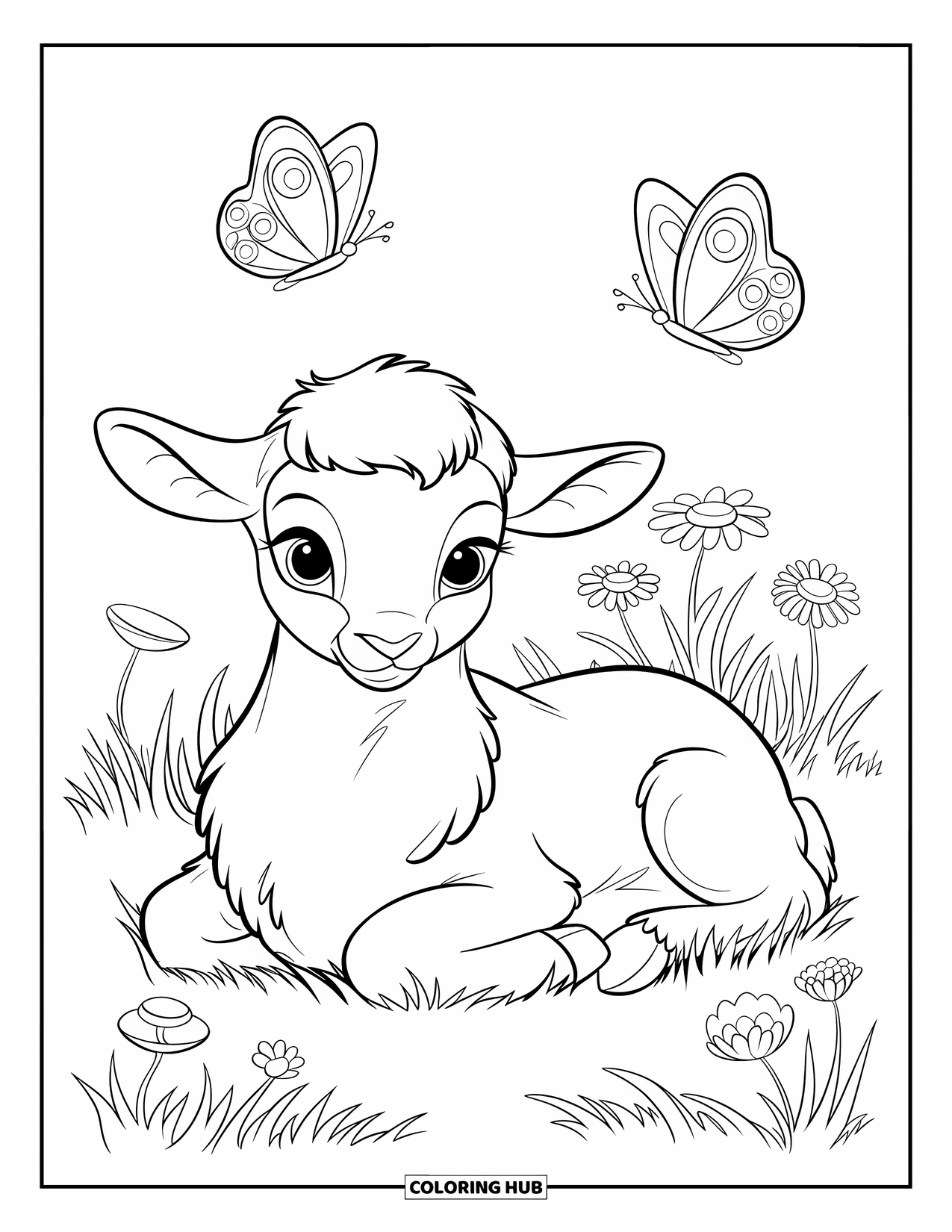 Spring Animal Coloring Page for Kids: Lamb with a fluffy coat relaxes among wildflowers and floating butterflies