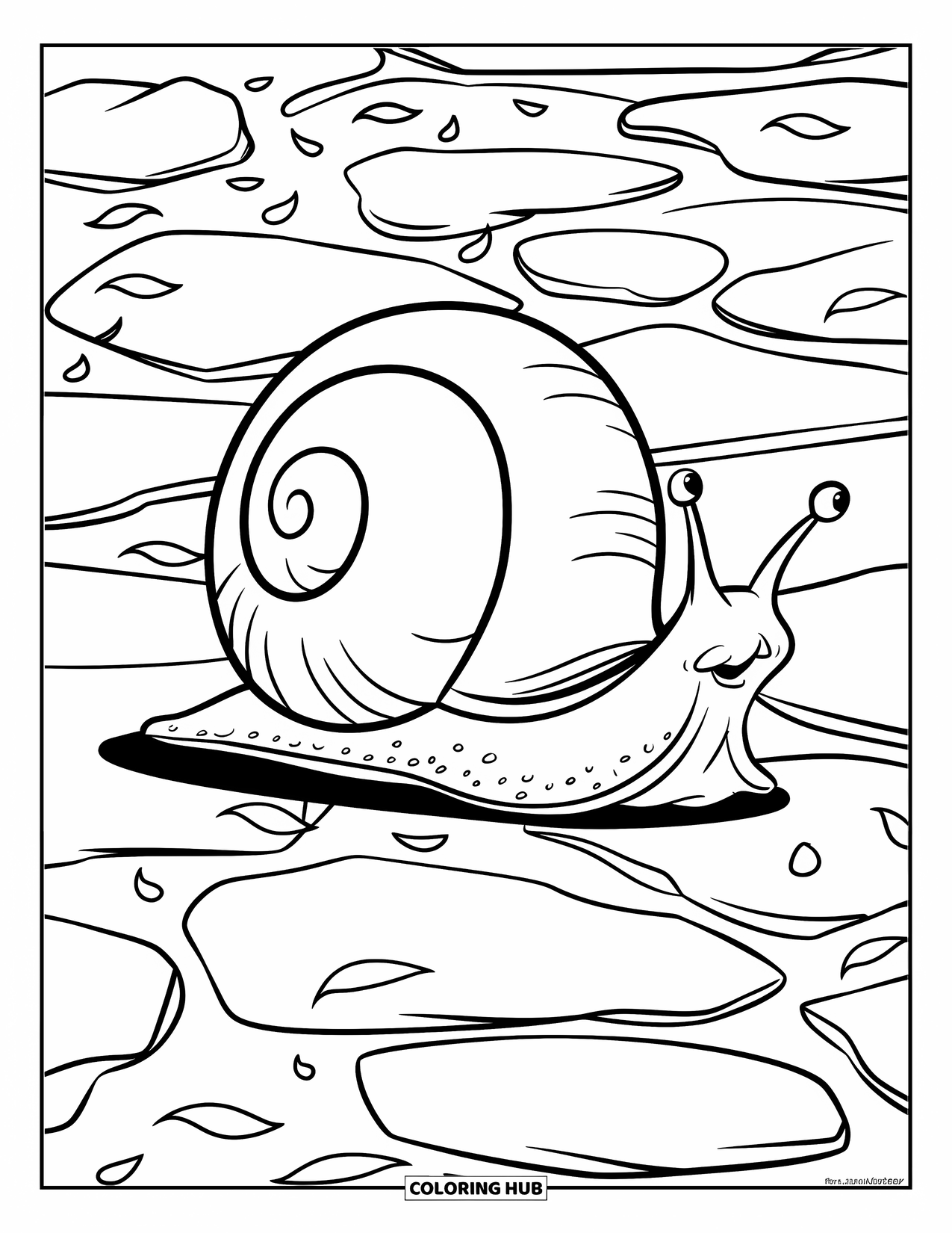 Spring Animal Coloring Page for Kids: Snail crawls over spring stones scattered with petals