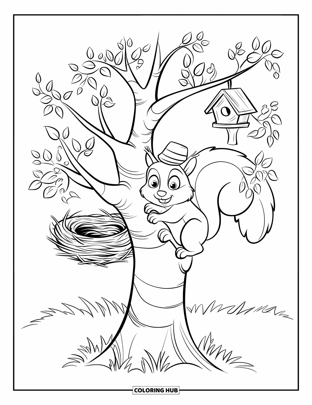 Spring Animal Coloring Page for Kids: Squirrel with big eyes climbs a leafy tree on a grassy hill