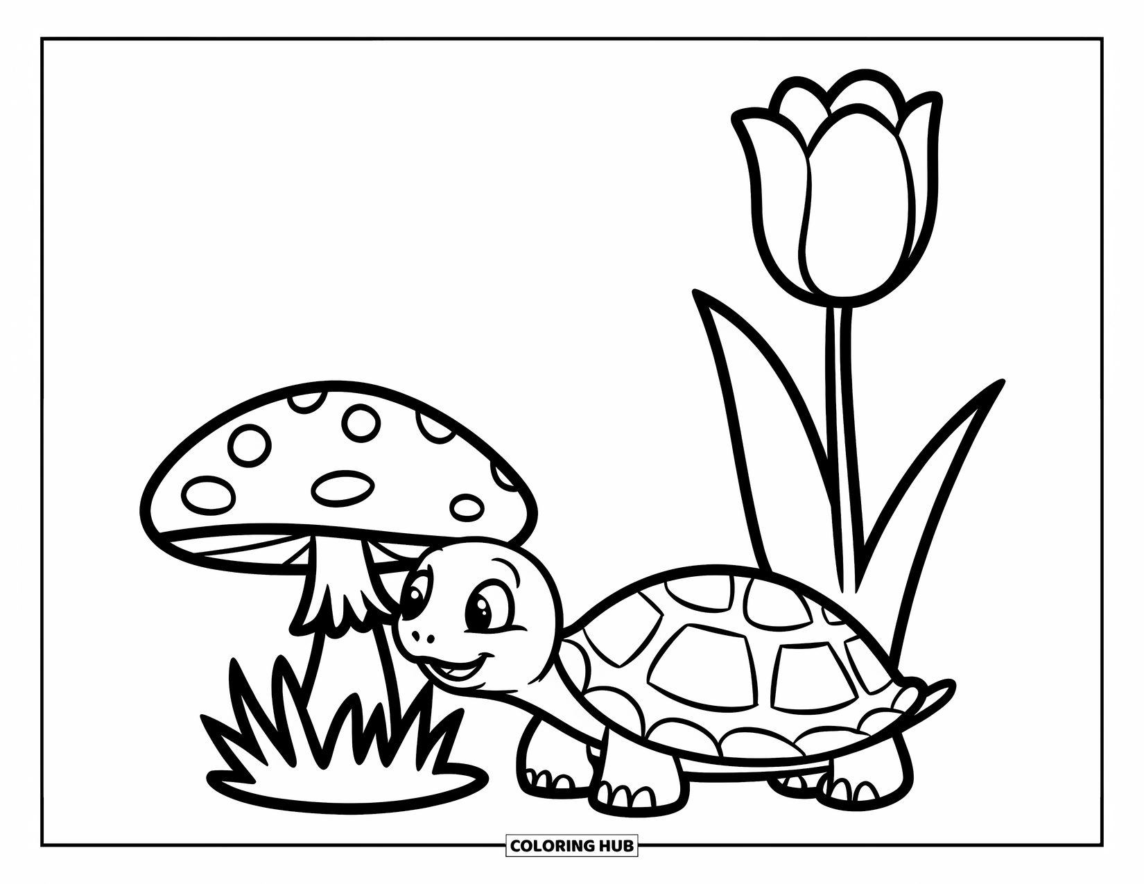 Spring Animal Coloring Page for Kids: Tiny turtle crawls near a mushroom and tulip on spring grass