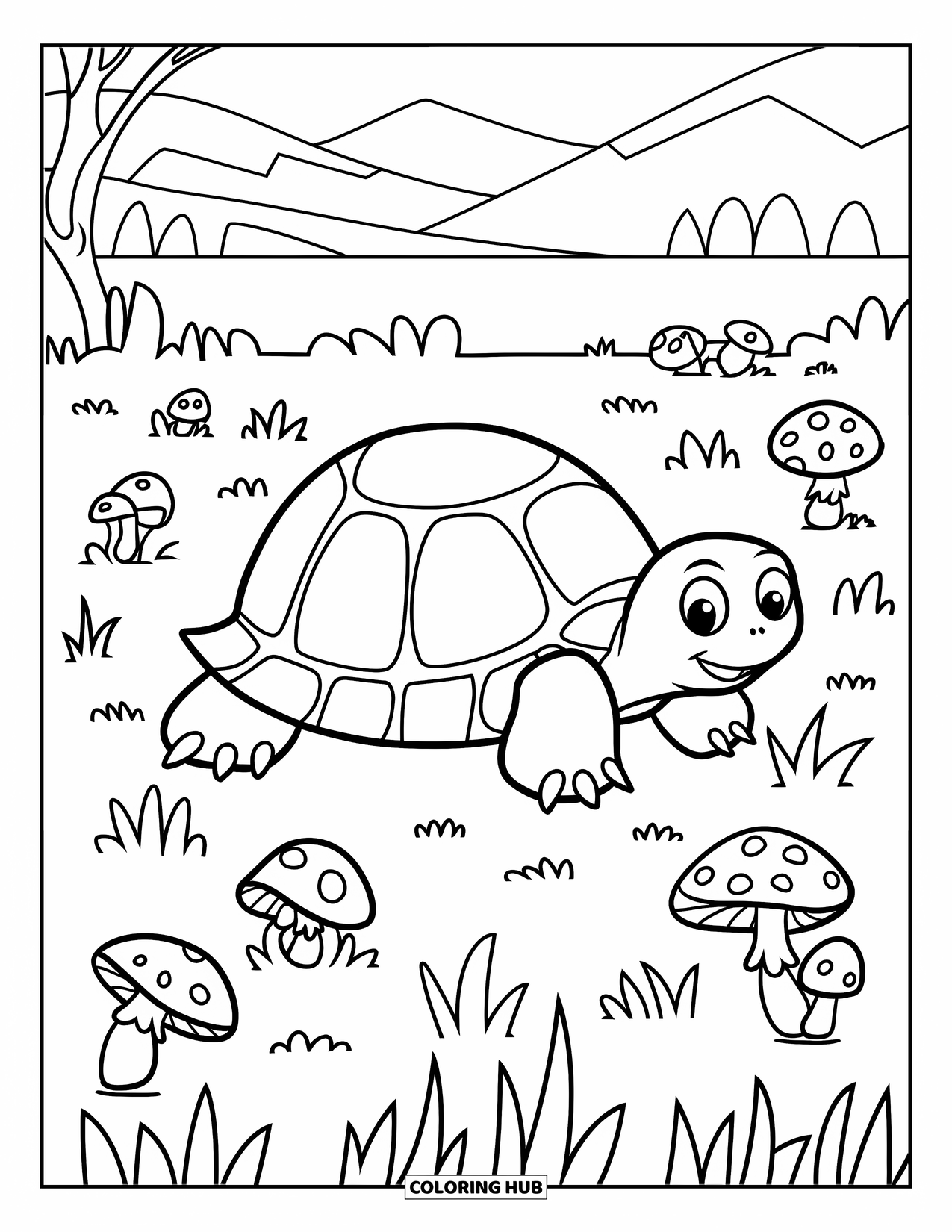 Spring Animal Coloring Page for Kids: Turtle crawls through a garden filled with bugs, mushrooms, and trees