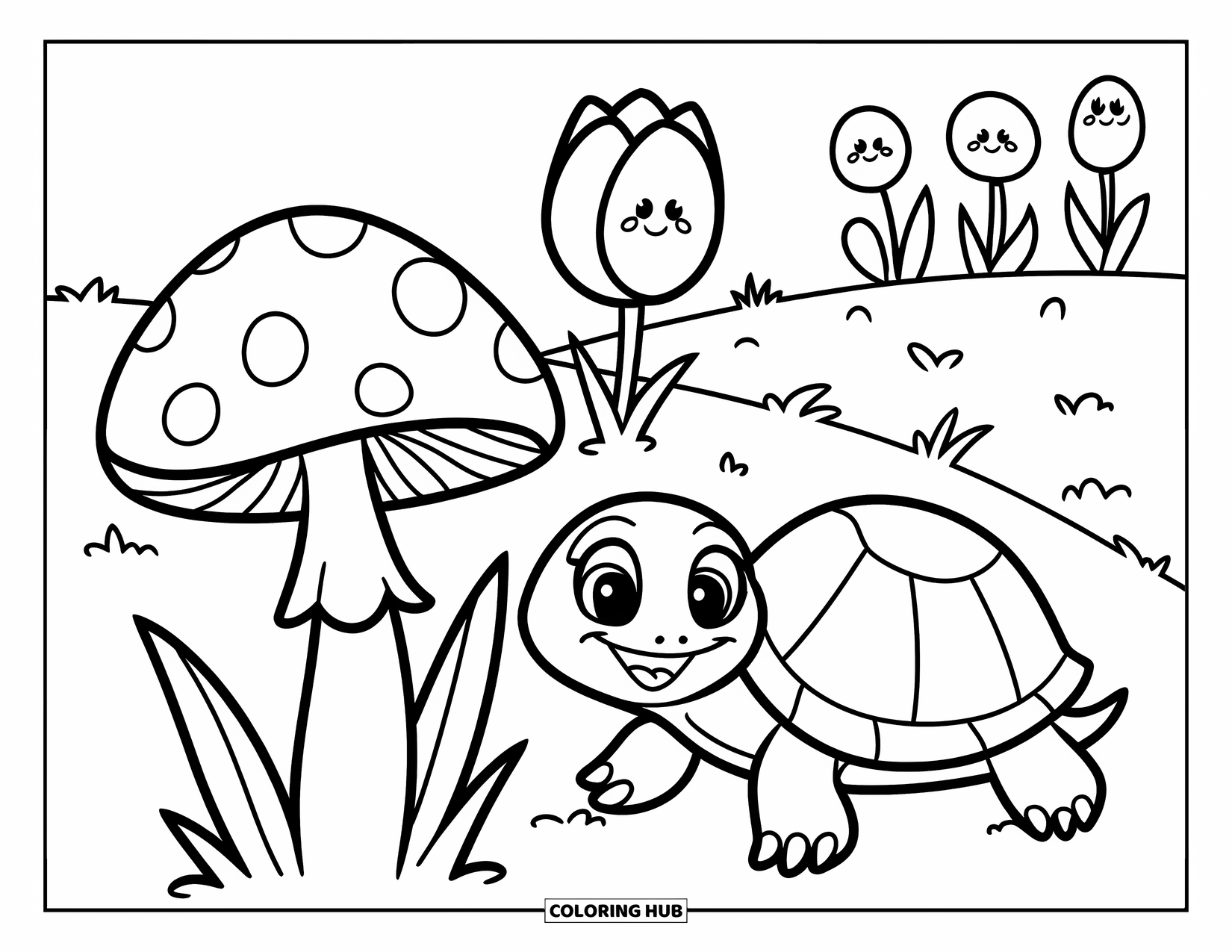 Spring Animal Coloring Page for Kids: Turtle with a smile crawls past happy mushroom and tulip on green grass