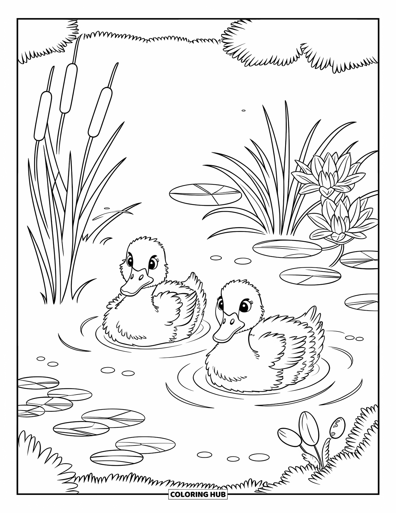 Spring Animal Coloring Page for Kids: Two ducklings swim through a peaceful spring pond with cattails and lilies