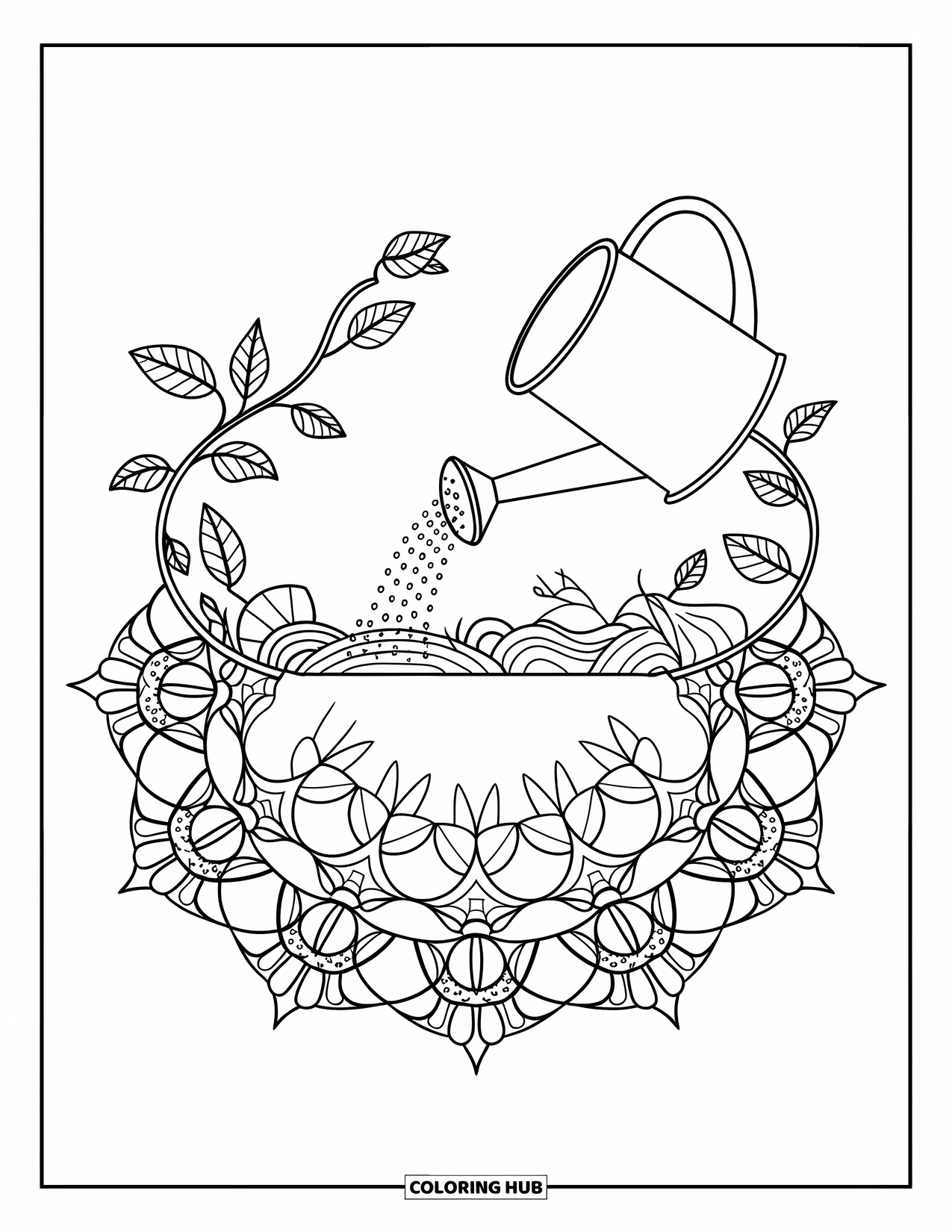 Spring Mandala Coloring Page for Adults: A blooming mandala unfolds around a watering can gently pouring into soil