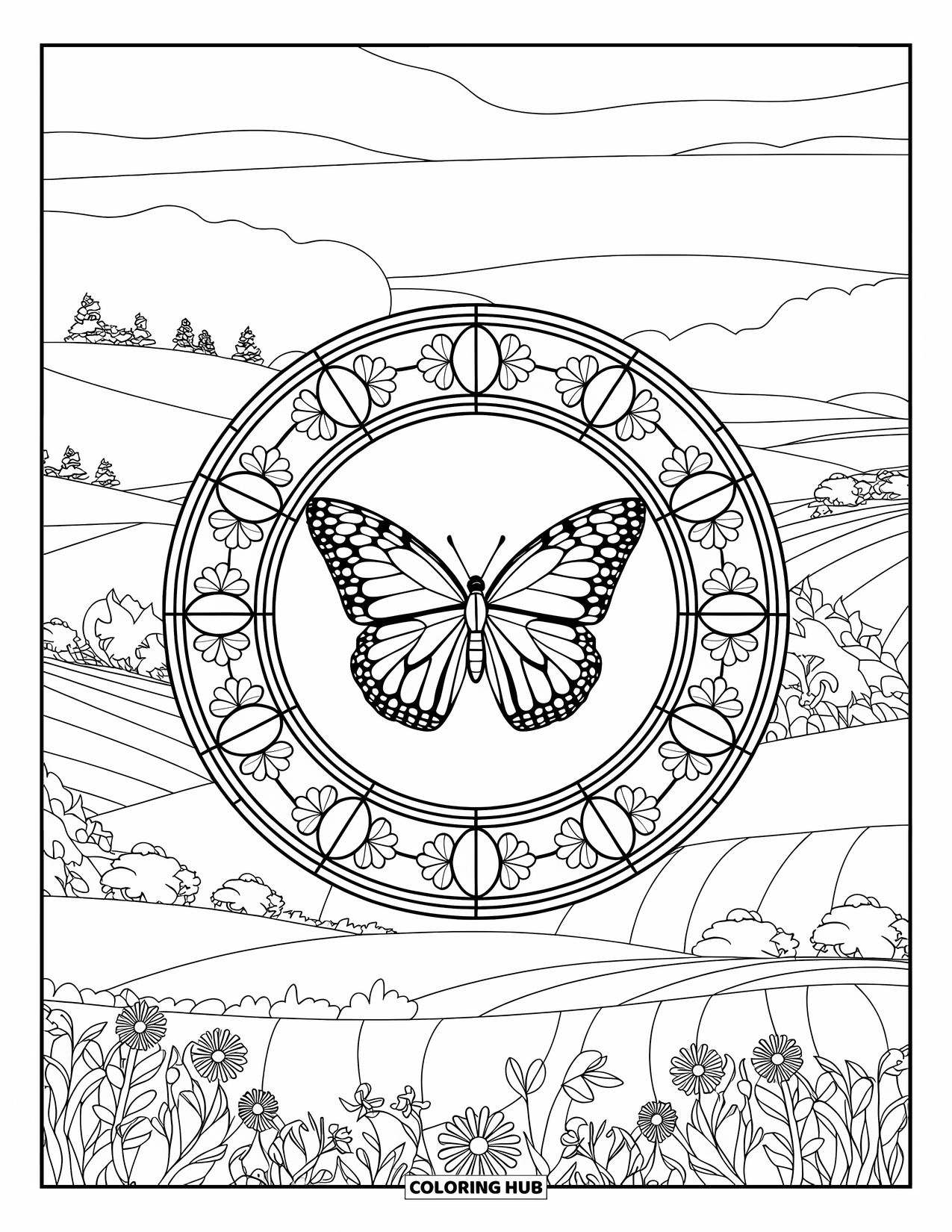 Spring Mandala Coloring Page for Adults: A butterfly glows inside a circular floral window framed by trees and hills