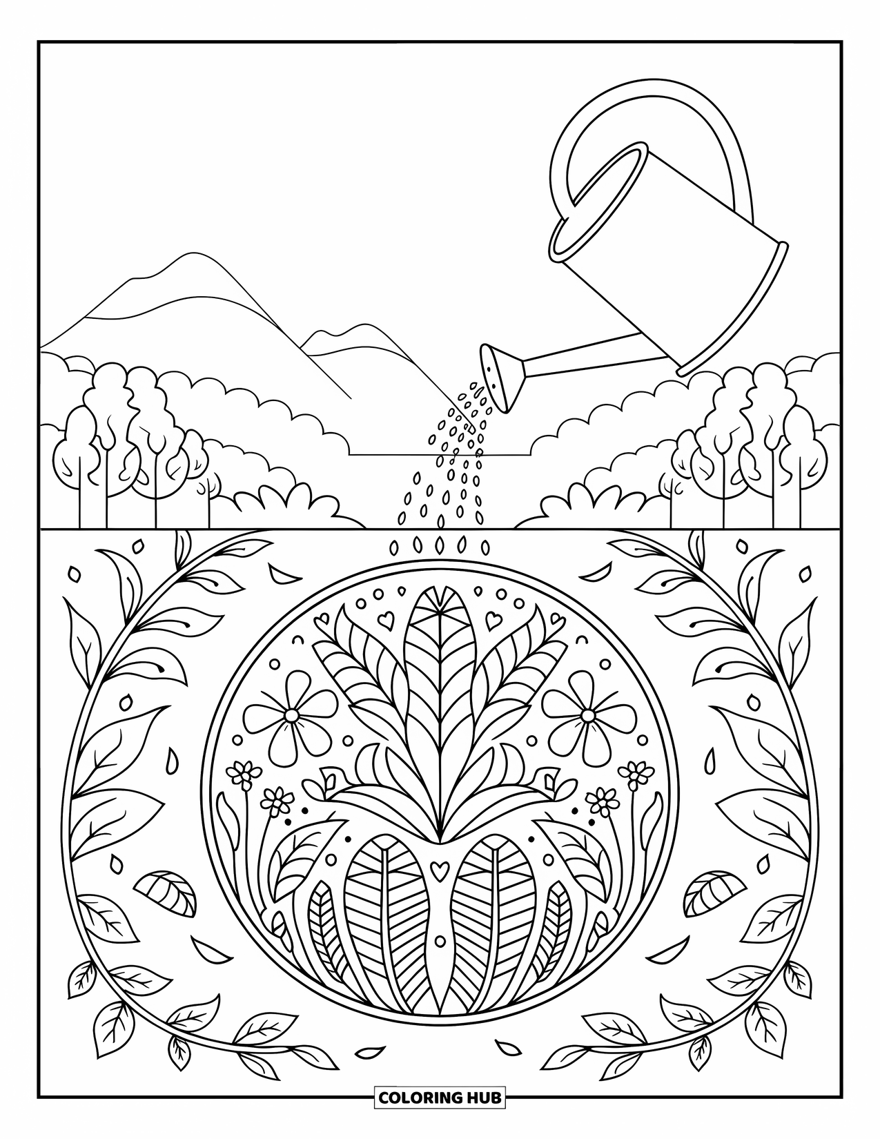Spring Mandala Coloring Page for Adults: A floral mandala blooms around a watering can and garden landscape