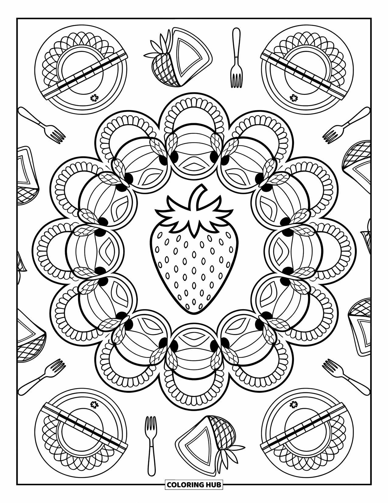 Spring Mandala Coloring Page for Adults: A picnic-themed mandala spins with strawberries, desserts, and tiny utensils