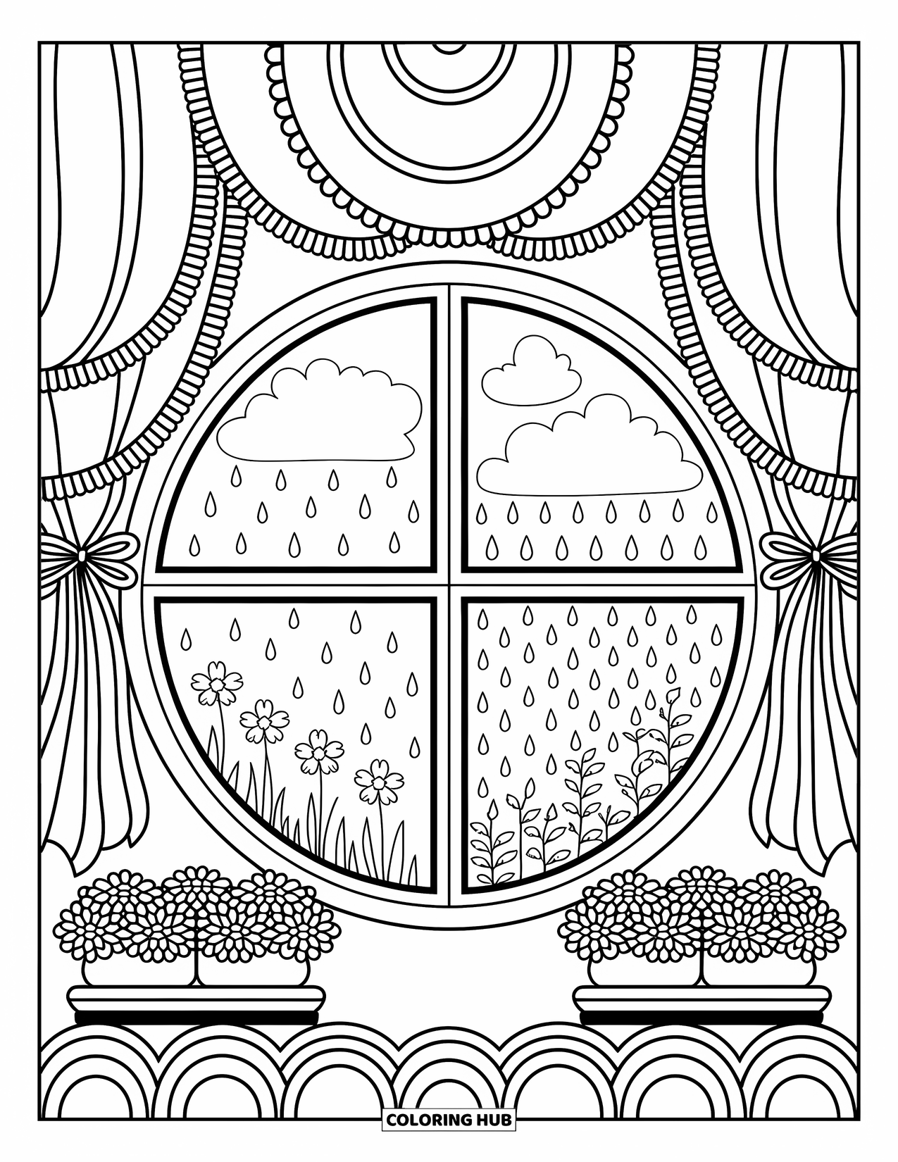 Spring Mandala Coloring Page for Adults: A round window reveals four rainy spring scenes surrounded by sweet curtains and flowers