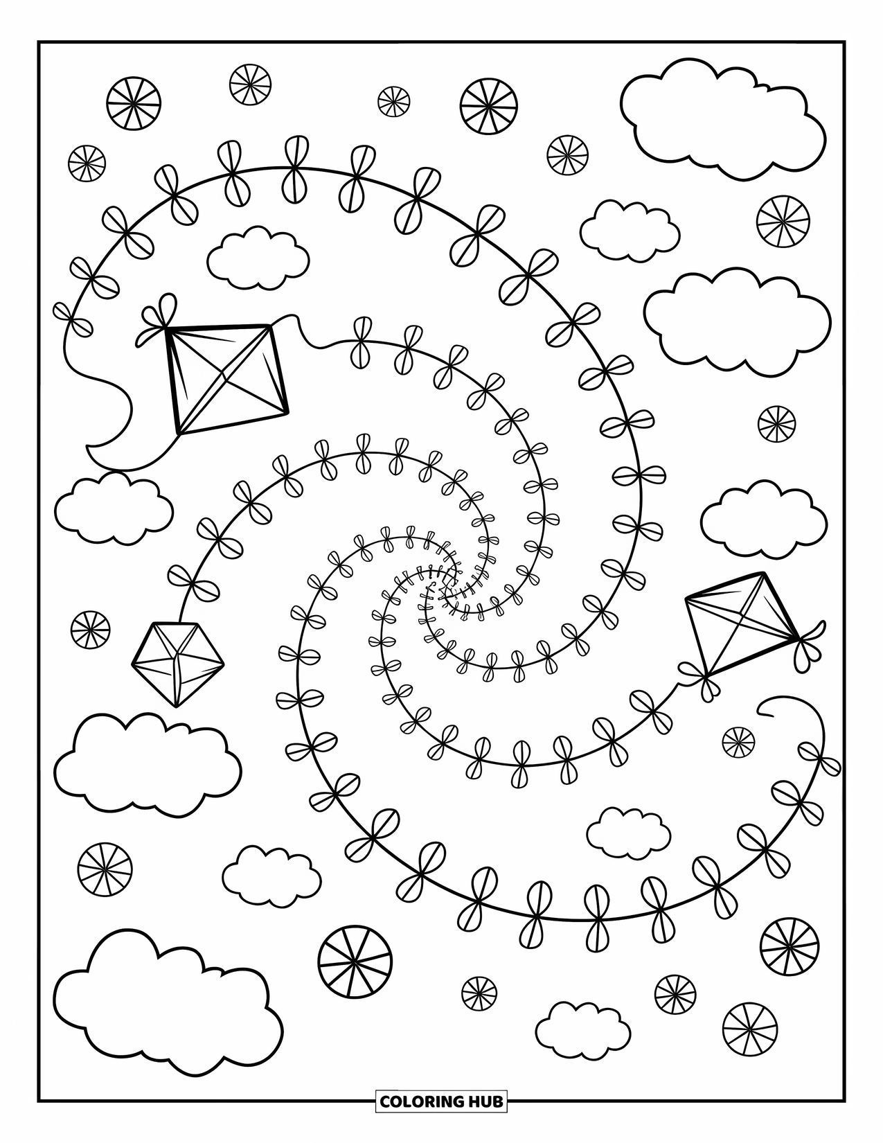 Spring Mandala Coloring Page for Adults: A sky of kites, pinwheels, and bows spins in this playful spring mandala