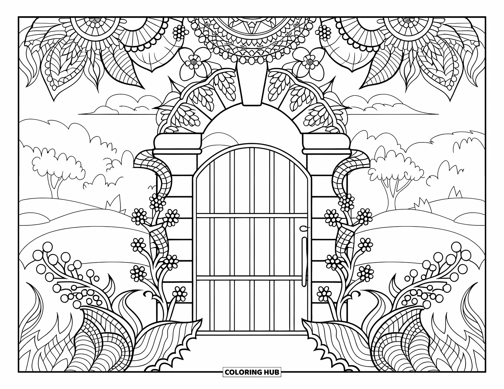 Spring Mandala Coloring Page for Adults: A stone garden gate opens to flowers, vines, and peaceful rolling hills