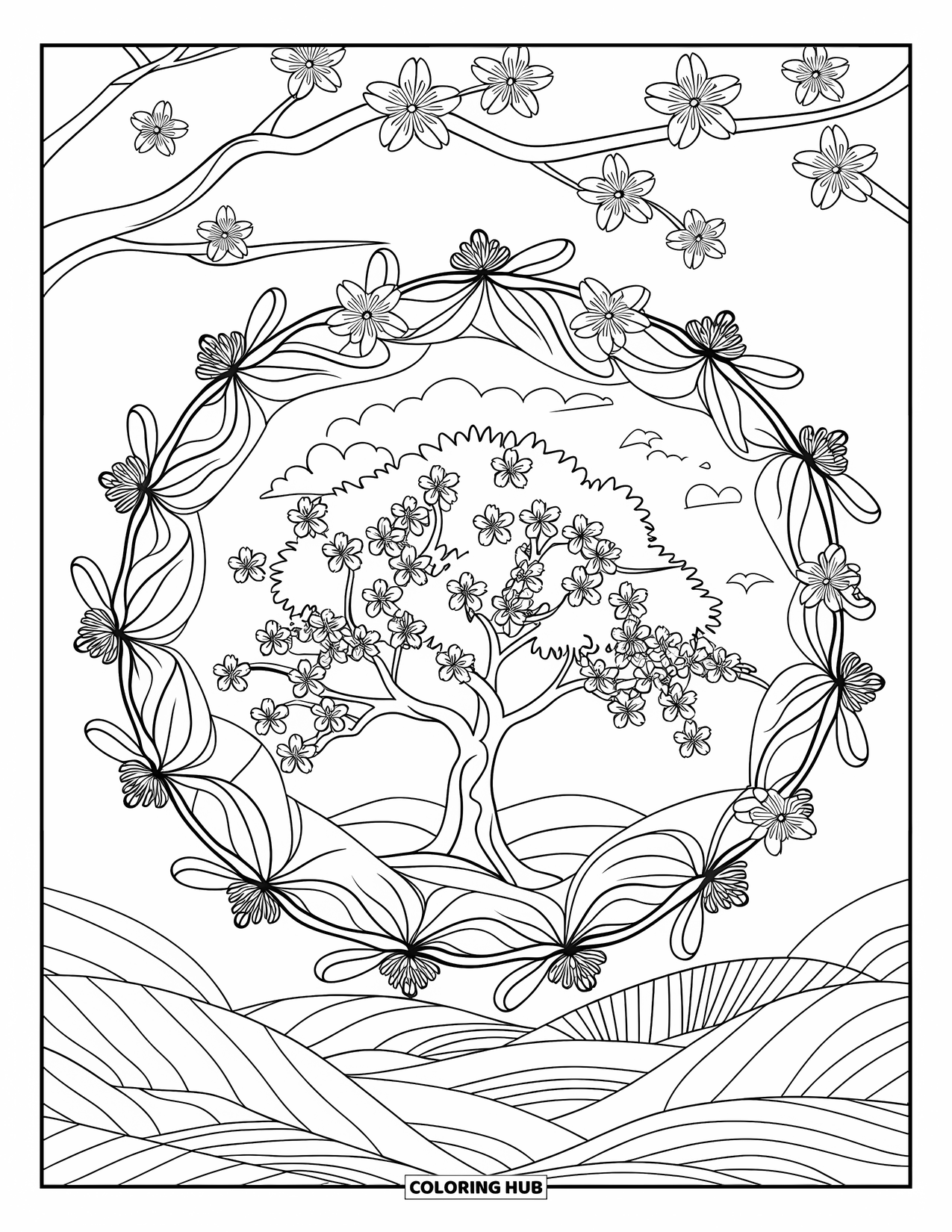 Spring Mandala Coloring Page for Adults: Cherry blossoms bloom above water and mountains in a peaceful mandala design