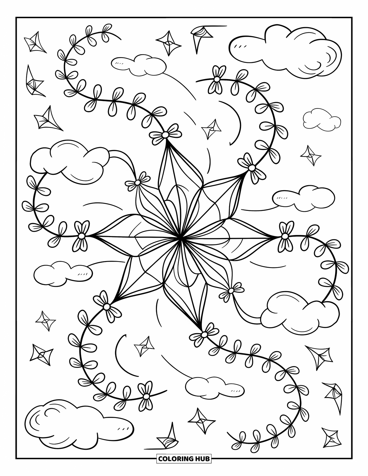 Spring Mandala Coloring Page for Adults: Diamond and heart-shaped kites twirl in the breeze in a joyful spring mandala