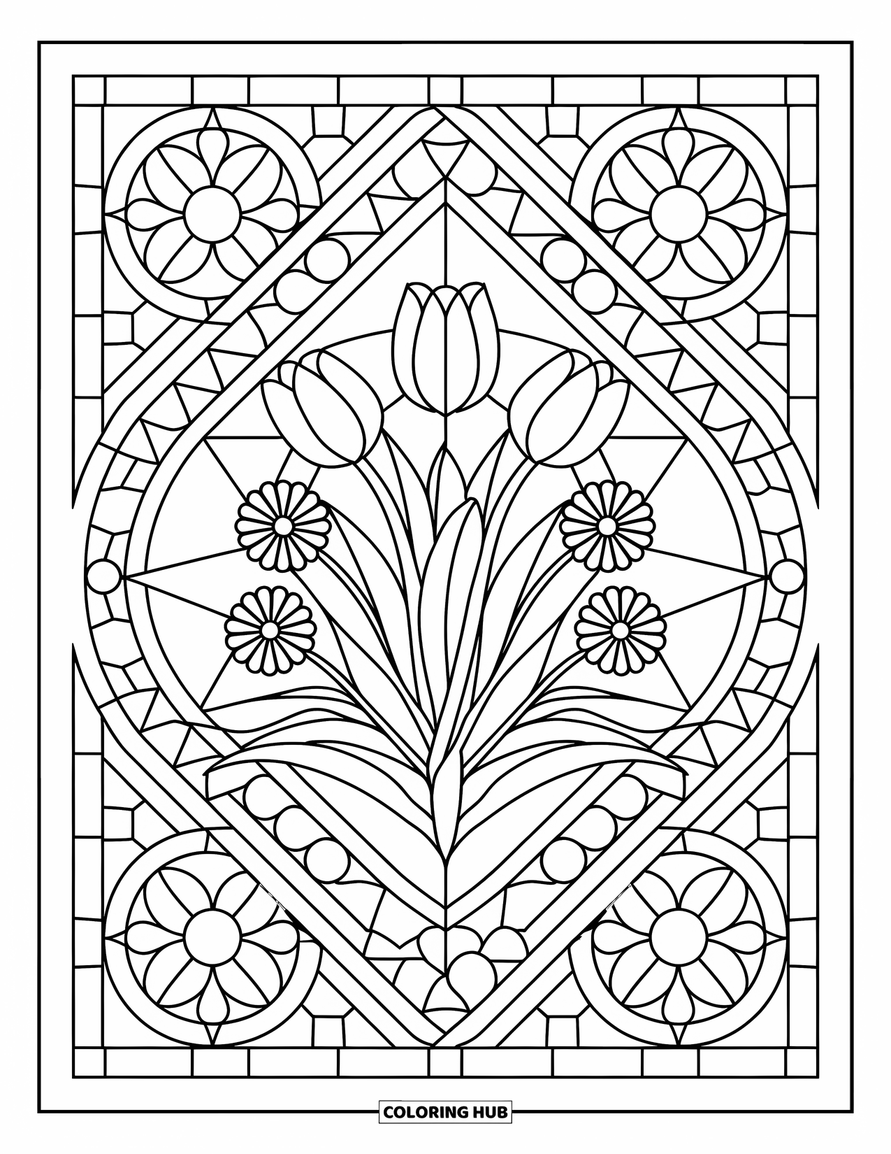 Spring Mandala Coloring Page for Adults: Flowers bloom in a stained-glass mandala filled with circles and triangles