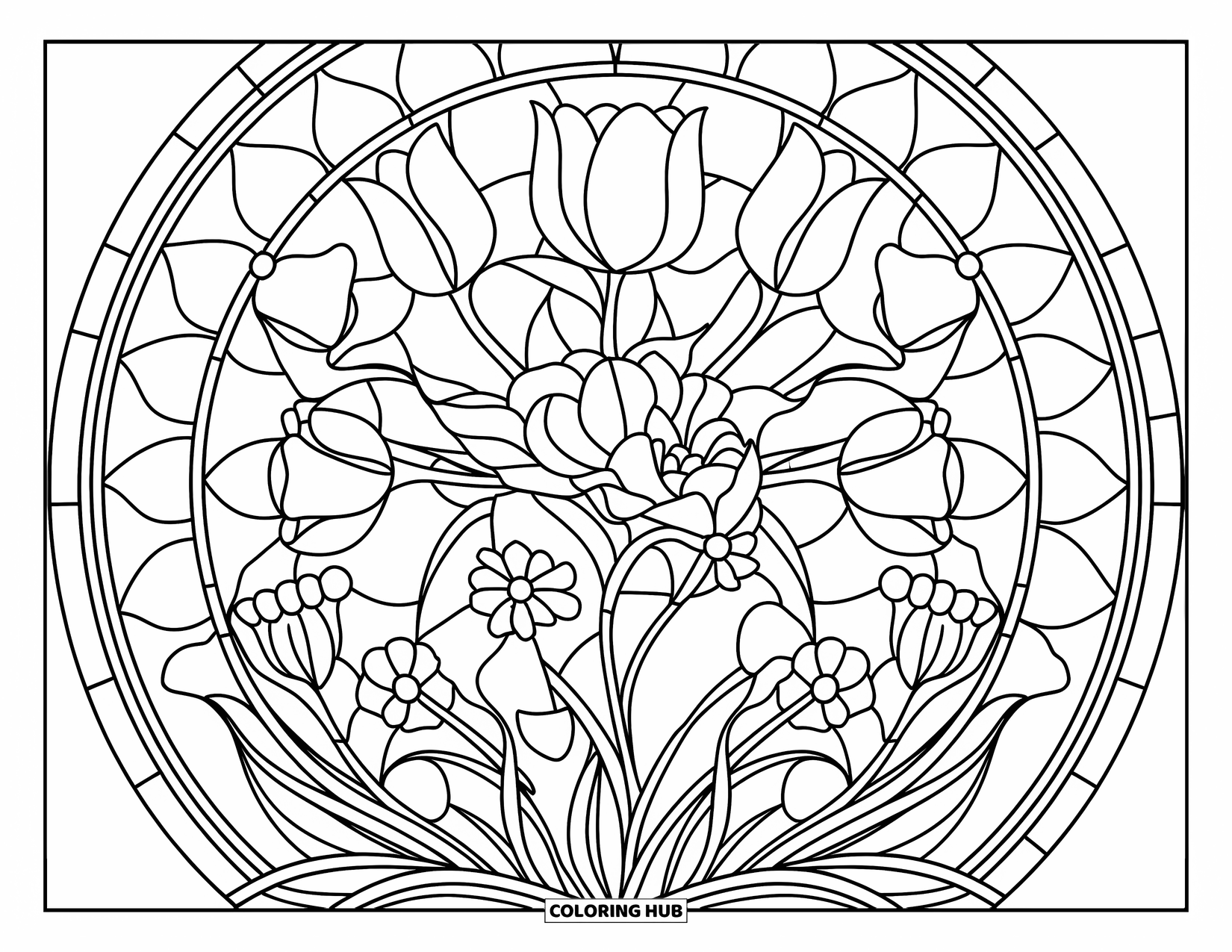 Spring Mandala Coloring Page for Adults: Tulips, daffodils, and cherry blossoms form a bright, layered spring mandala