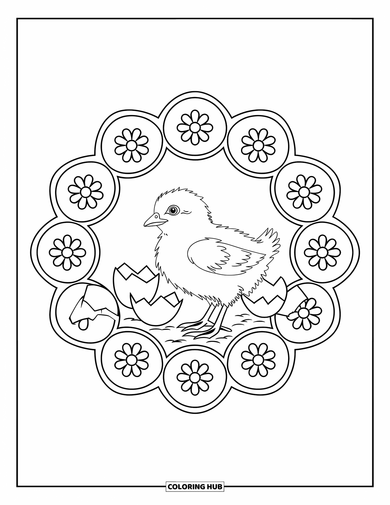 Spring Mandala Coloring Page for Kids: A cheerful chick stands in a floral egg-patterned spring mandala