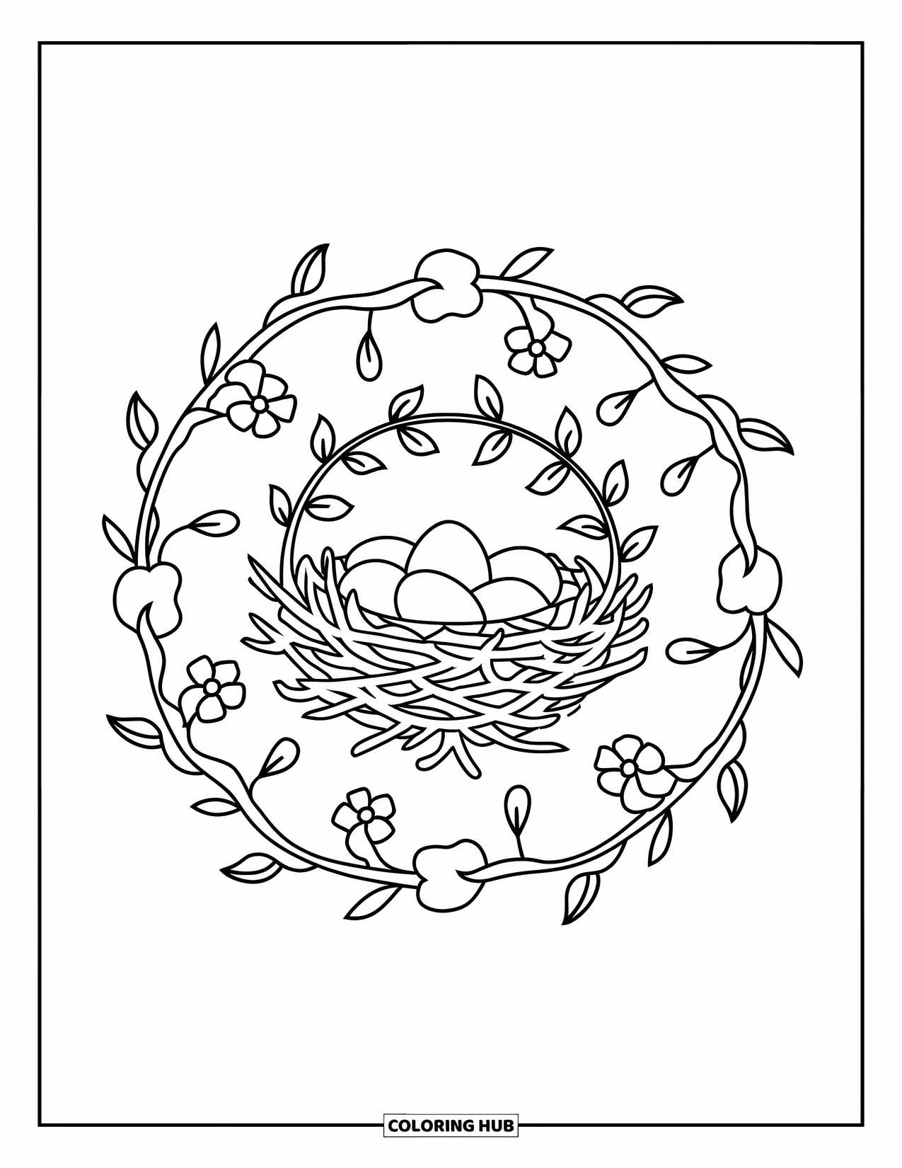 Spring Mandala Coloring Page for Kids: A cozy nest is framed by floral twigs and blossoms in a spring mandala