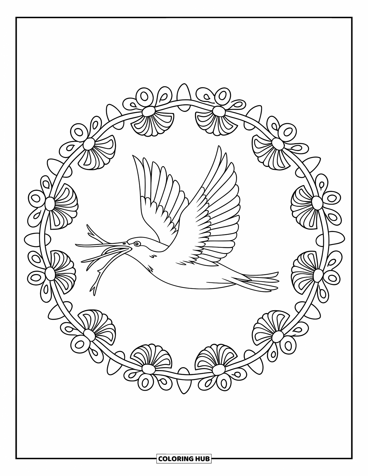 Spring Mandala Coloring Page for Kids: A flying bird carries twigs inside a floral and leafy mandala